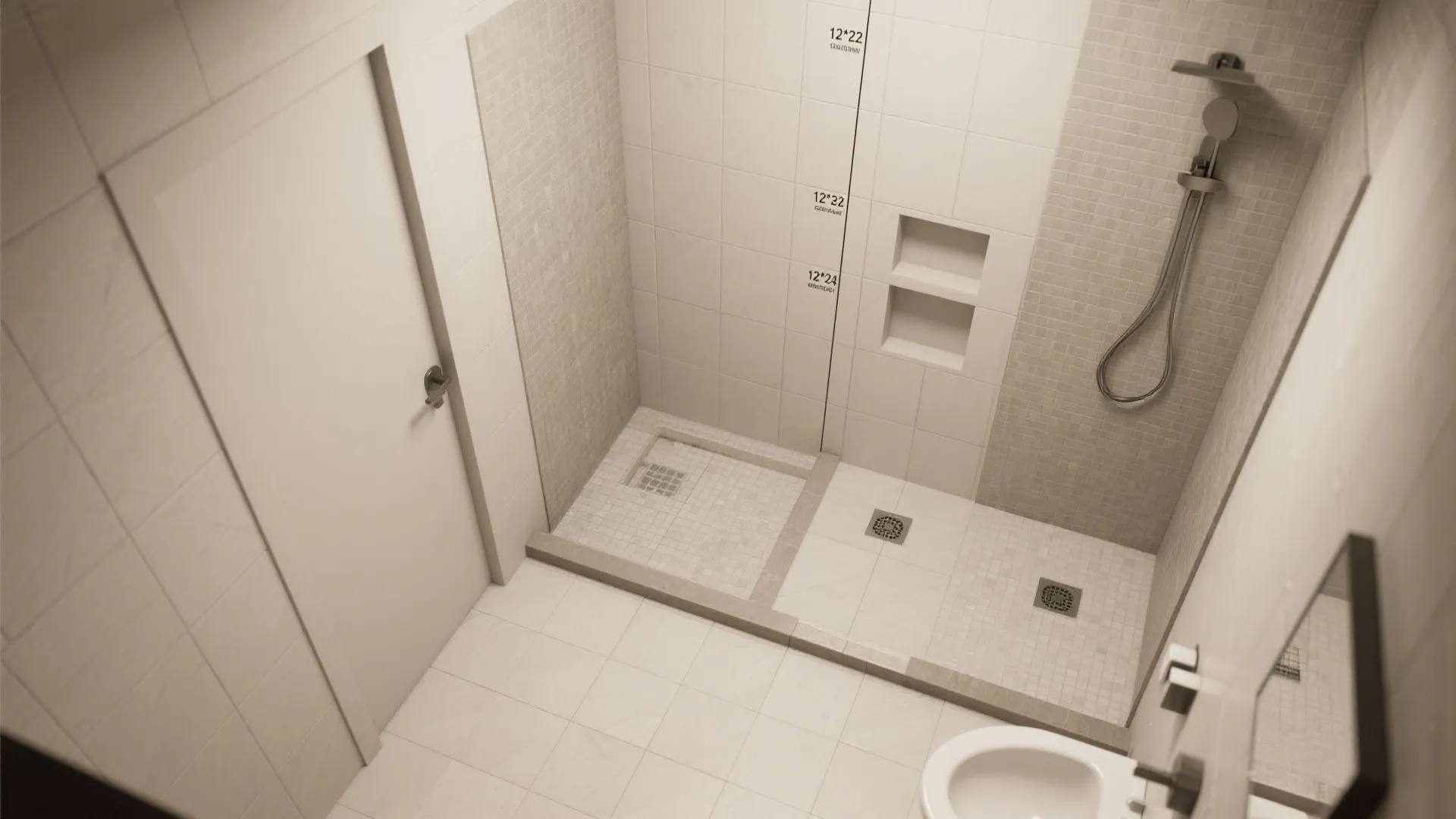 Top-down view of a small bathroom plan with large wall tiles, 12x24 floor tiles, and 2x2 shower mosaics.