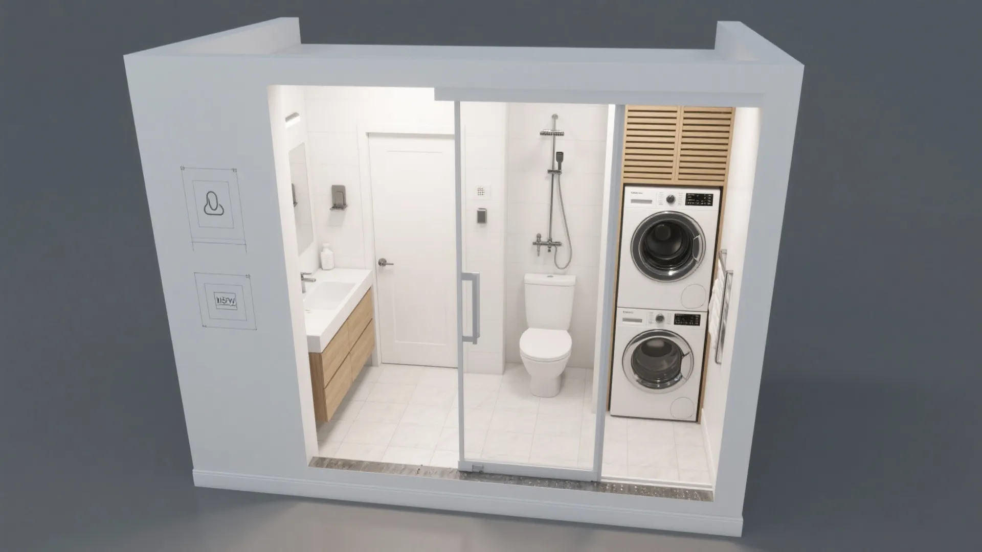 Stacked washer + dryer column behind a sliding door