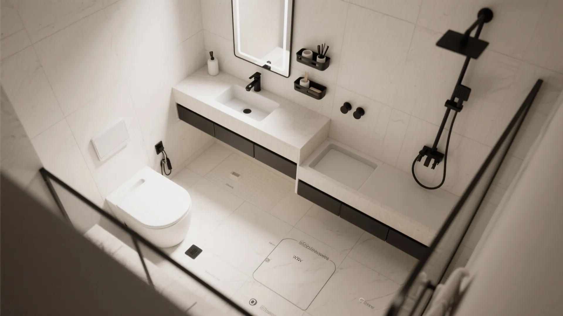 Top-down visualization of a small bathroom layout showing placement of matte black focal pieces.