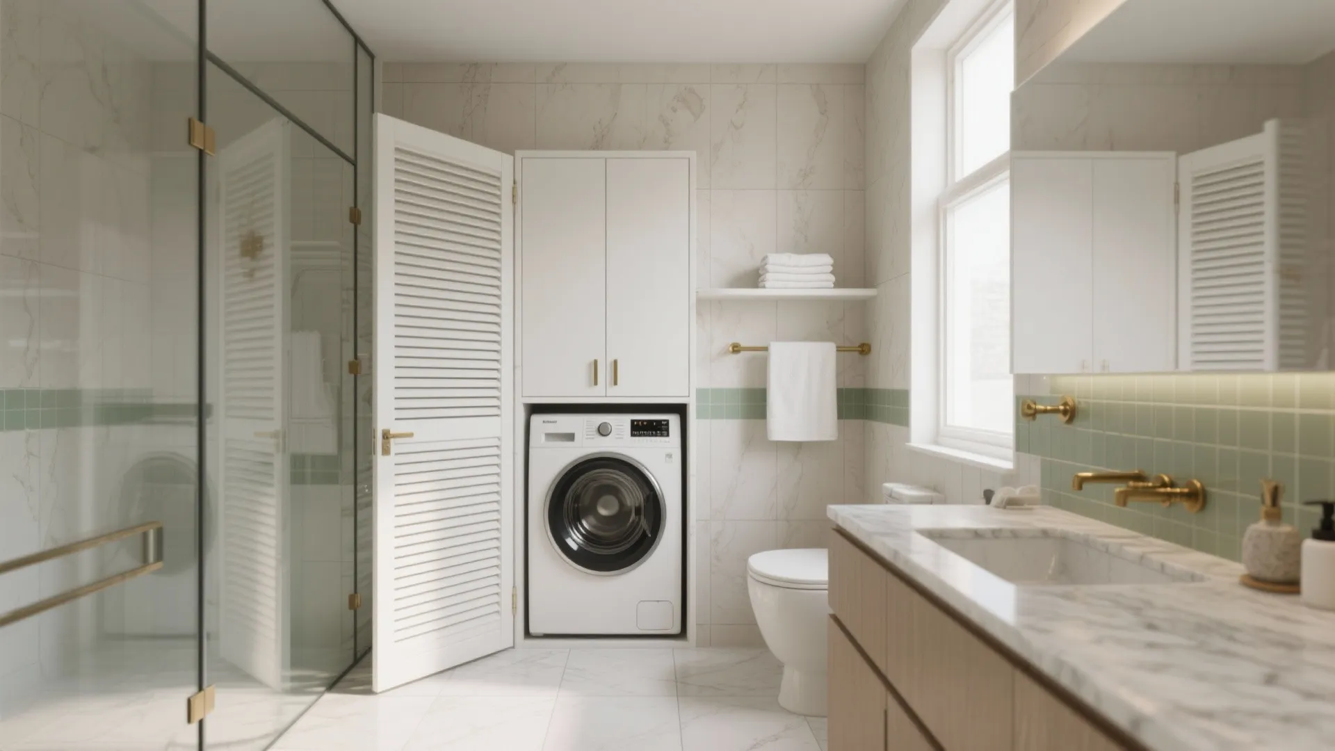 Bright bathroom interior with white washing machine under a cabinet beside a marble top vanity