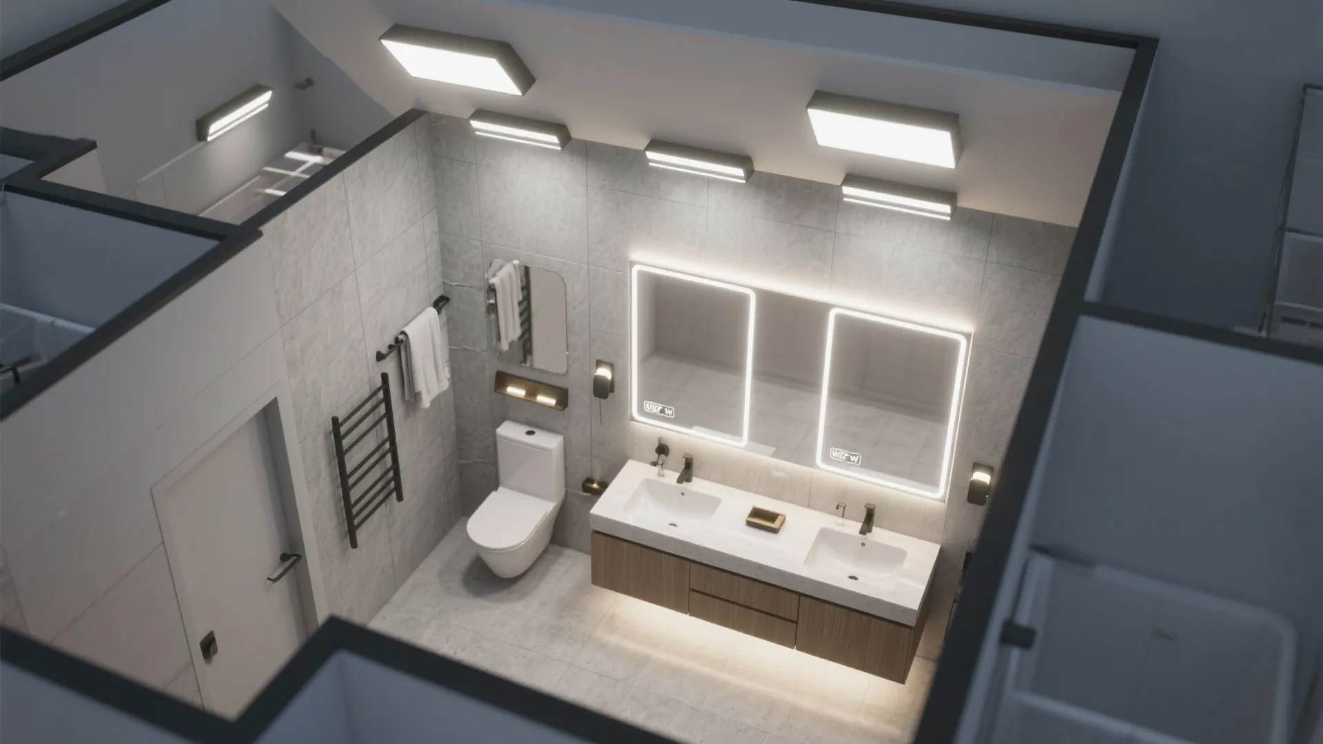 Modern bathroom interior design drawing with double sinks lighted mirrors toilet and multiple light fixtures