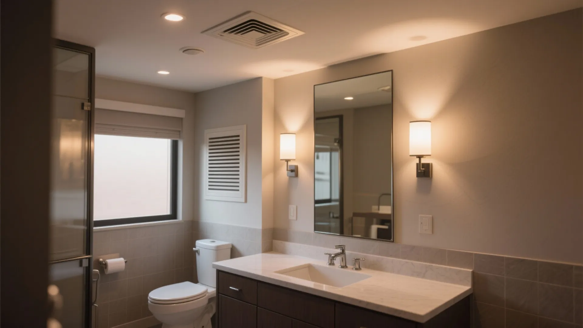Neutral bathroom interior with white sink cabinet toilet mirror wall lights window and ceiling vent