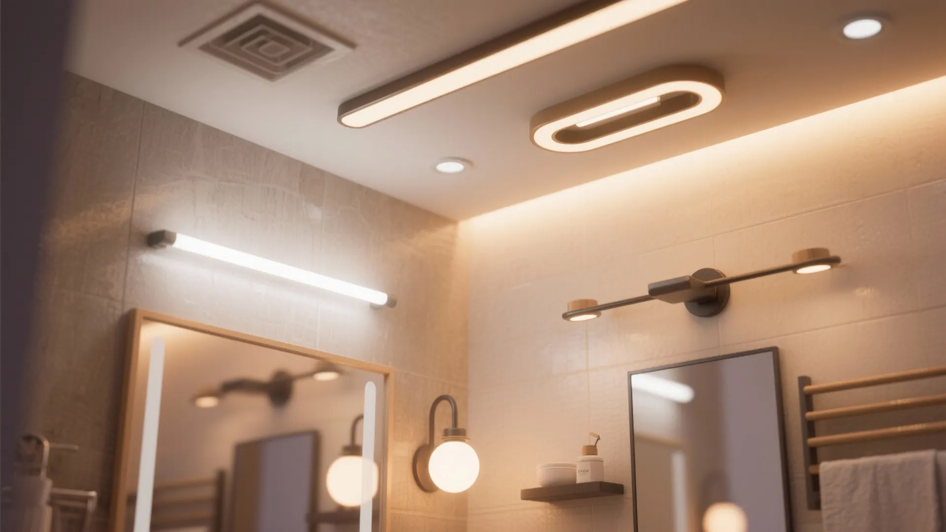 Modern bathroom with various light fixture options including wall light ceiling light and mirror lighting