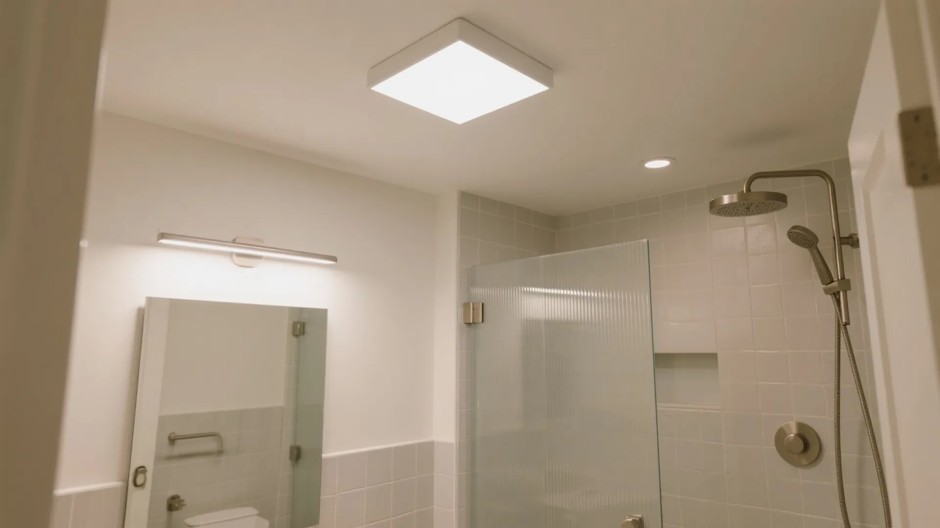White tiled bathroom with square ceiling light wall light above mirror and stainless steel shower head
