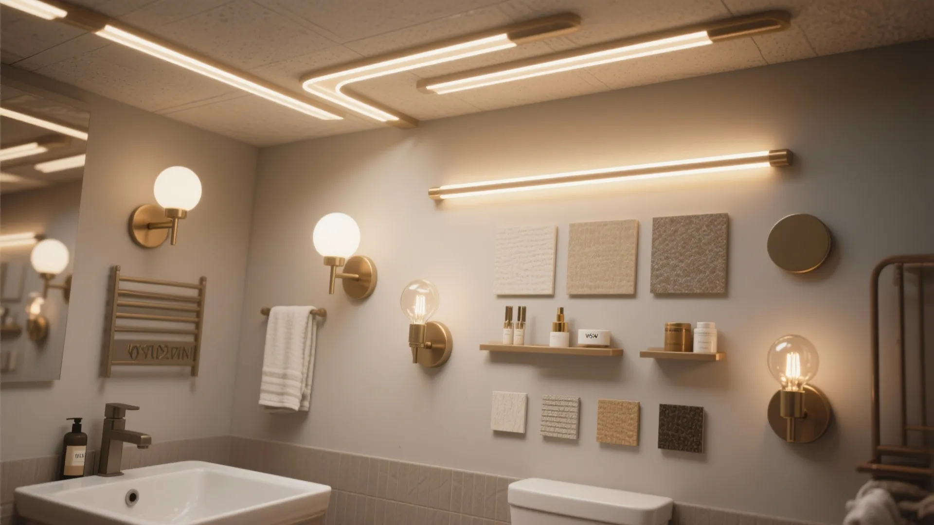 Bathroom wall display with multiple warm wall lights various material samples and white bathroom sink
