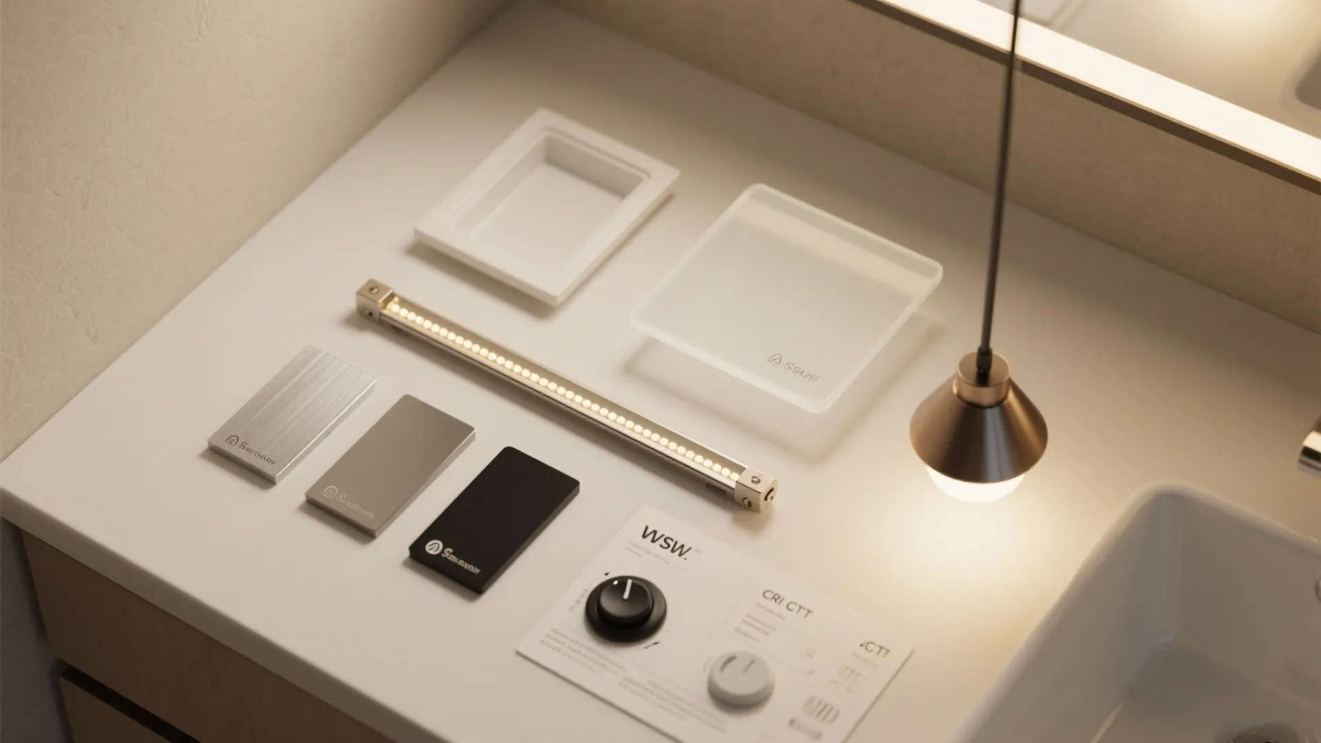 Bathroom lighting equipment and control switches laid out on a white counter for design planning