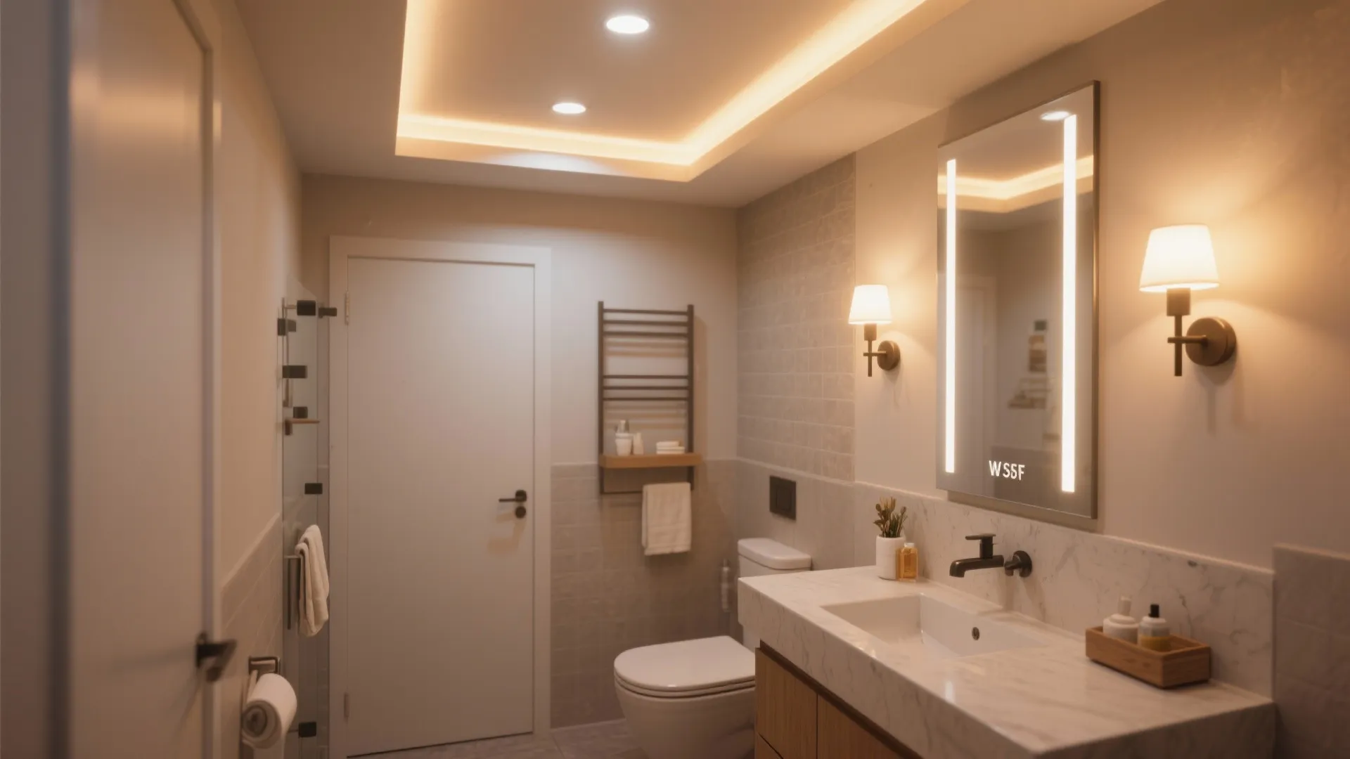 Layered bathroom lighting creating a warm atmosphere