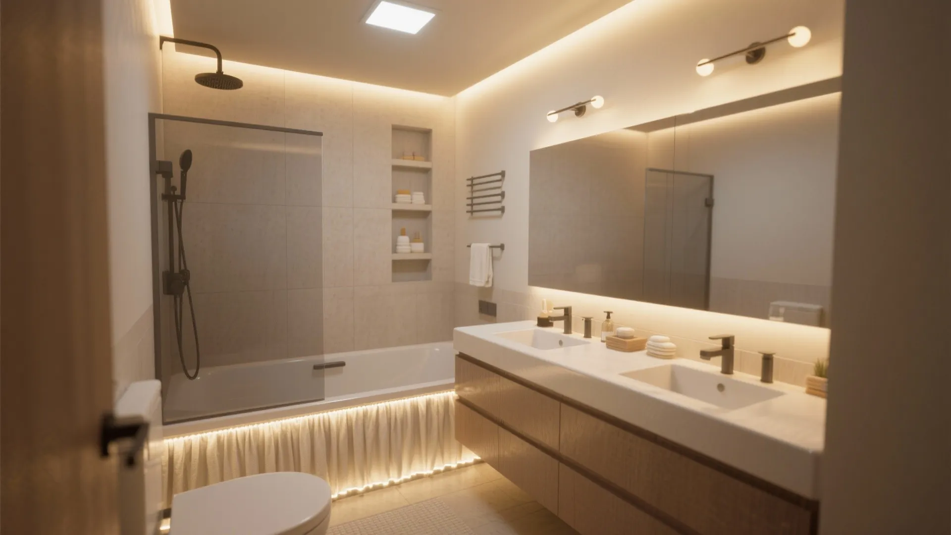 Warm bathroom interior design with double sinks large mirror bathtub and hidden soft light fixtures