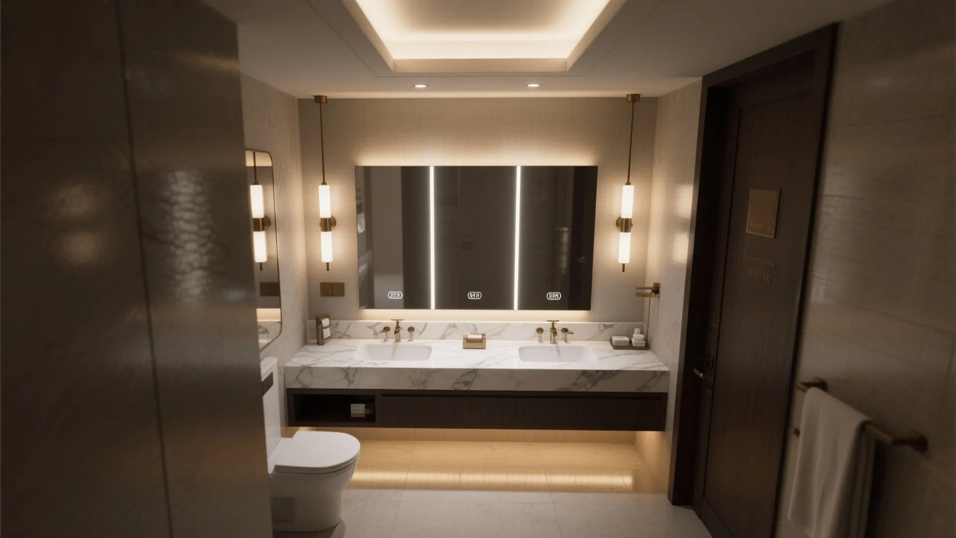 Modern bathroom with large lighted mirror double sink vanity hanging wall lights and warm lighting