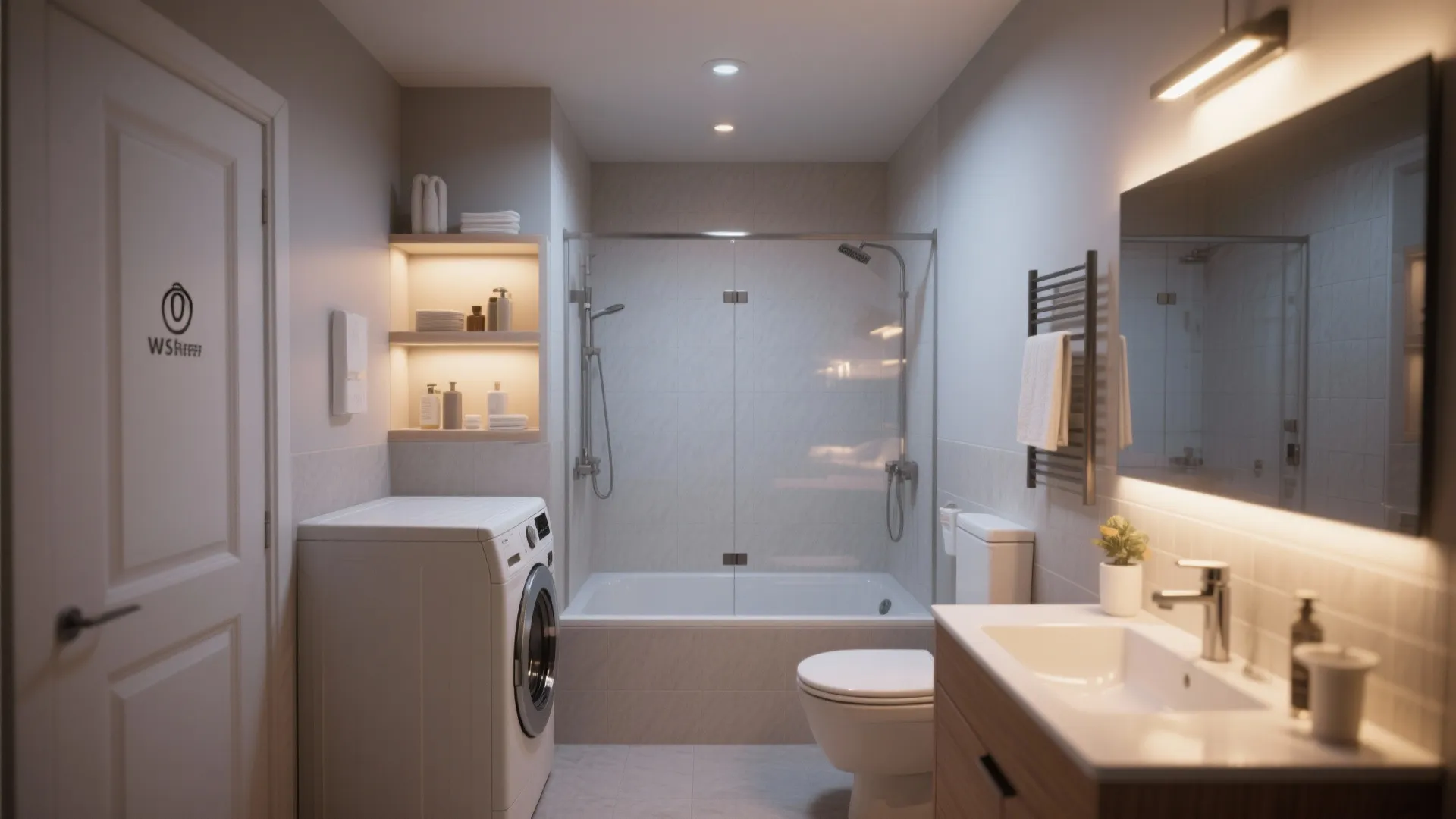 Modern bathroom with washing machine bathtub toilet sink mirror and warm light fixture on the wall