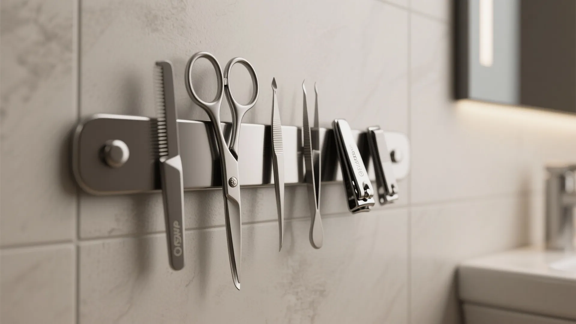 Magnetic metal strip on a wall holding metal scissors comb tweezers and nail clippers tools
