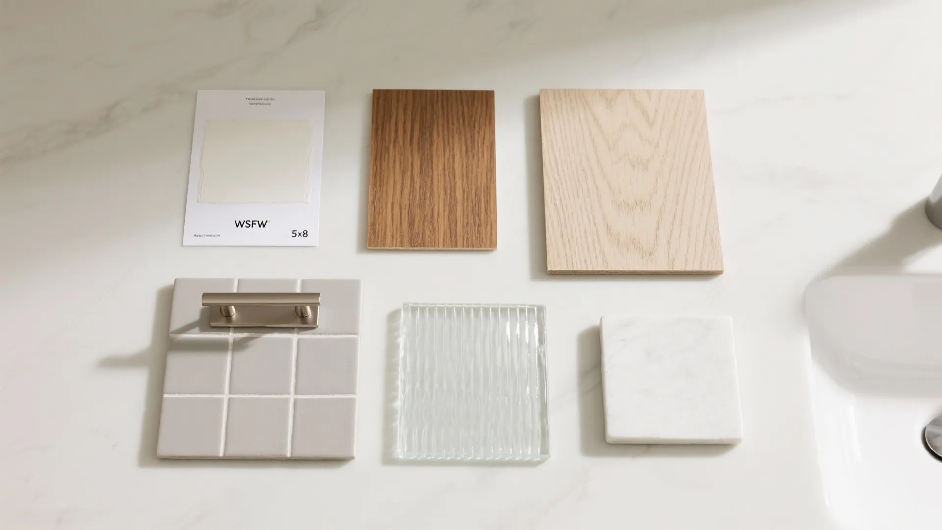 Collection of bathroom material samples including wood tiles marble glass and metal handle on counter