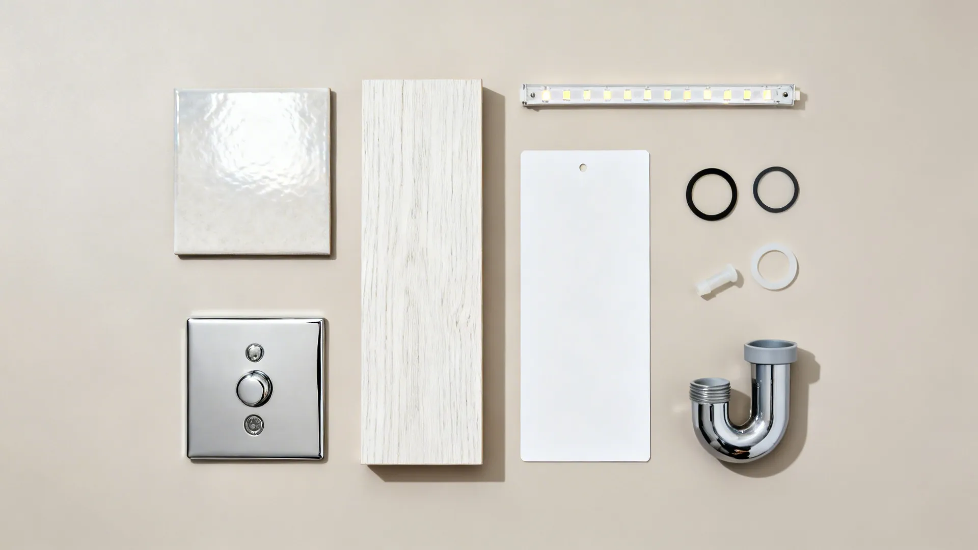 Flat lay of light-reflective tile, oak veneer, hardware, and niche lighting for a small bath.
