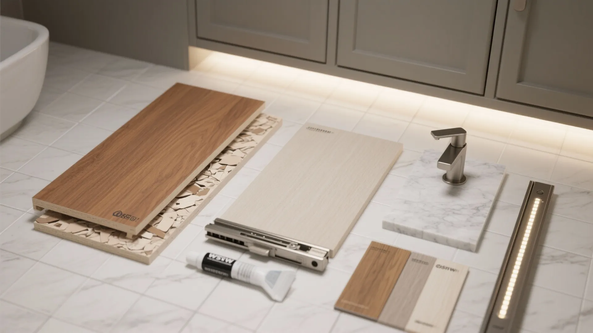 Top-down flat lay of moisture-resistant cores, laminate chips, quartz, and hardware.