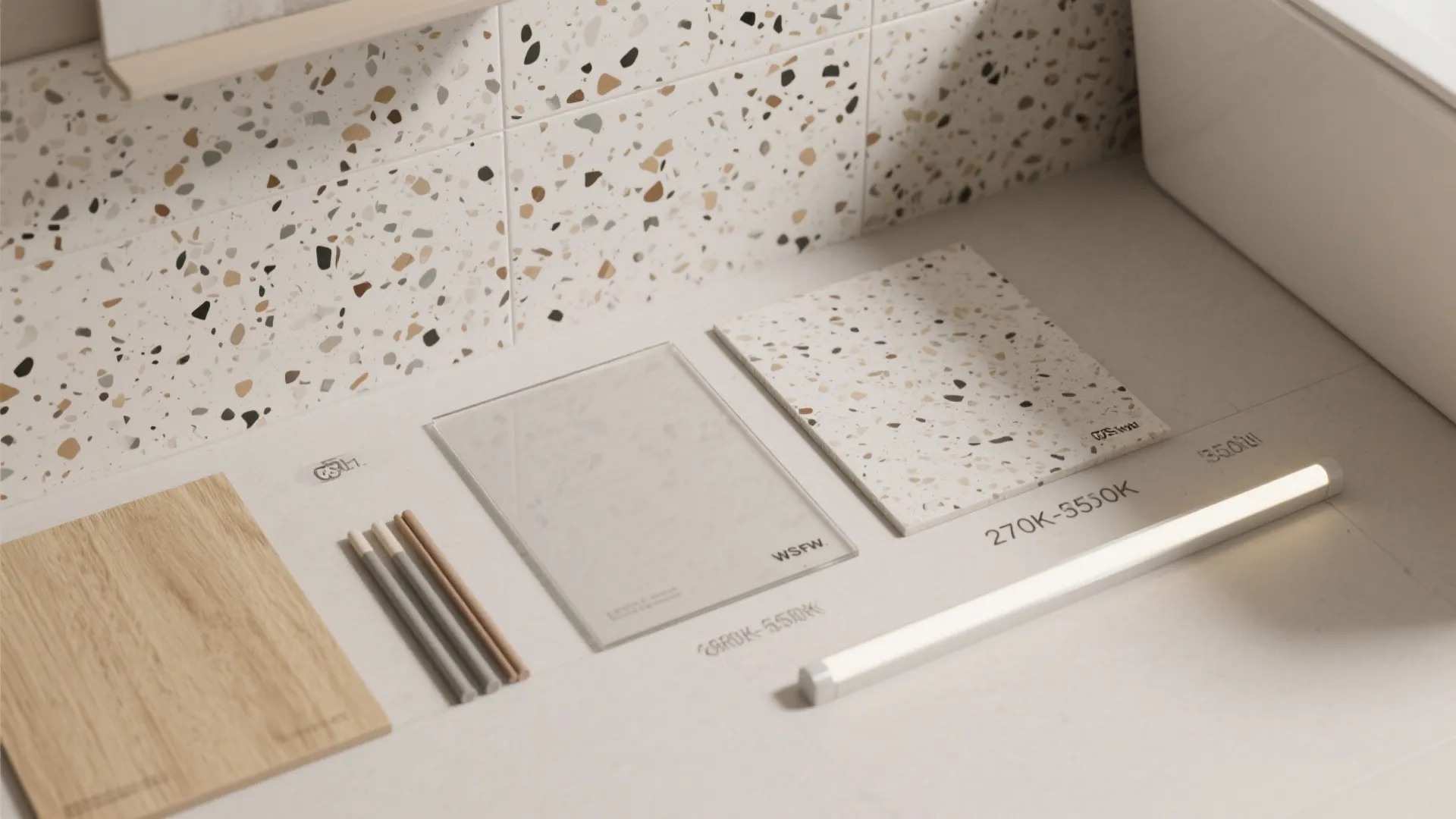 5) Tone-on-tone terrazzo-look porcelain for cohesive walls and floor