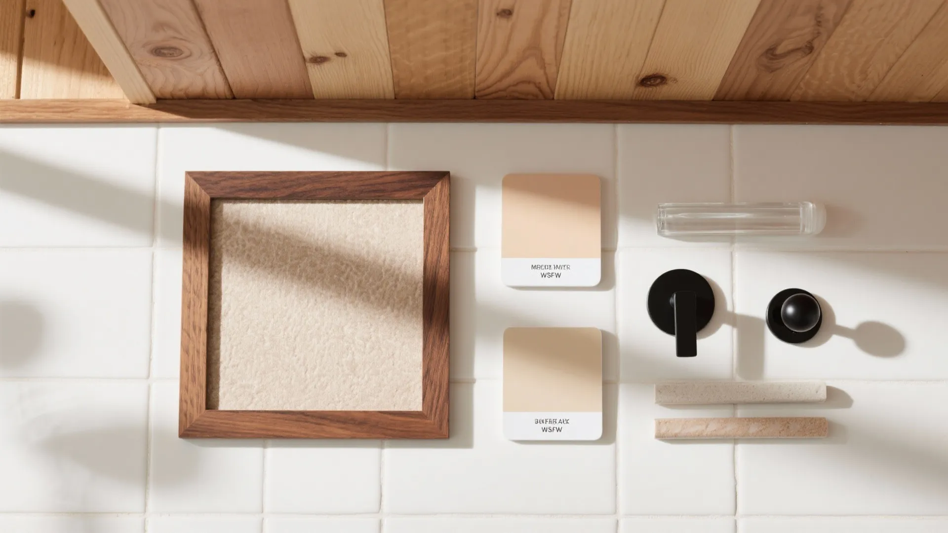 Top-down flat lay of cedar, walnut, white tile, paint chips, hardware, and sealant.