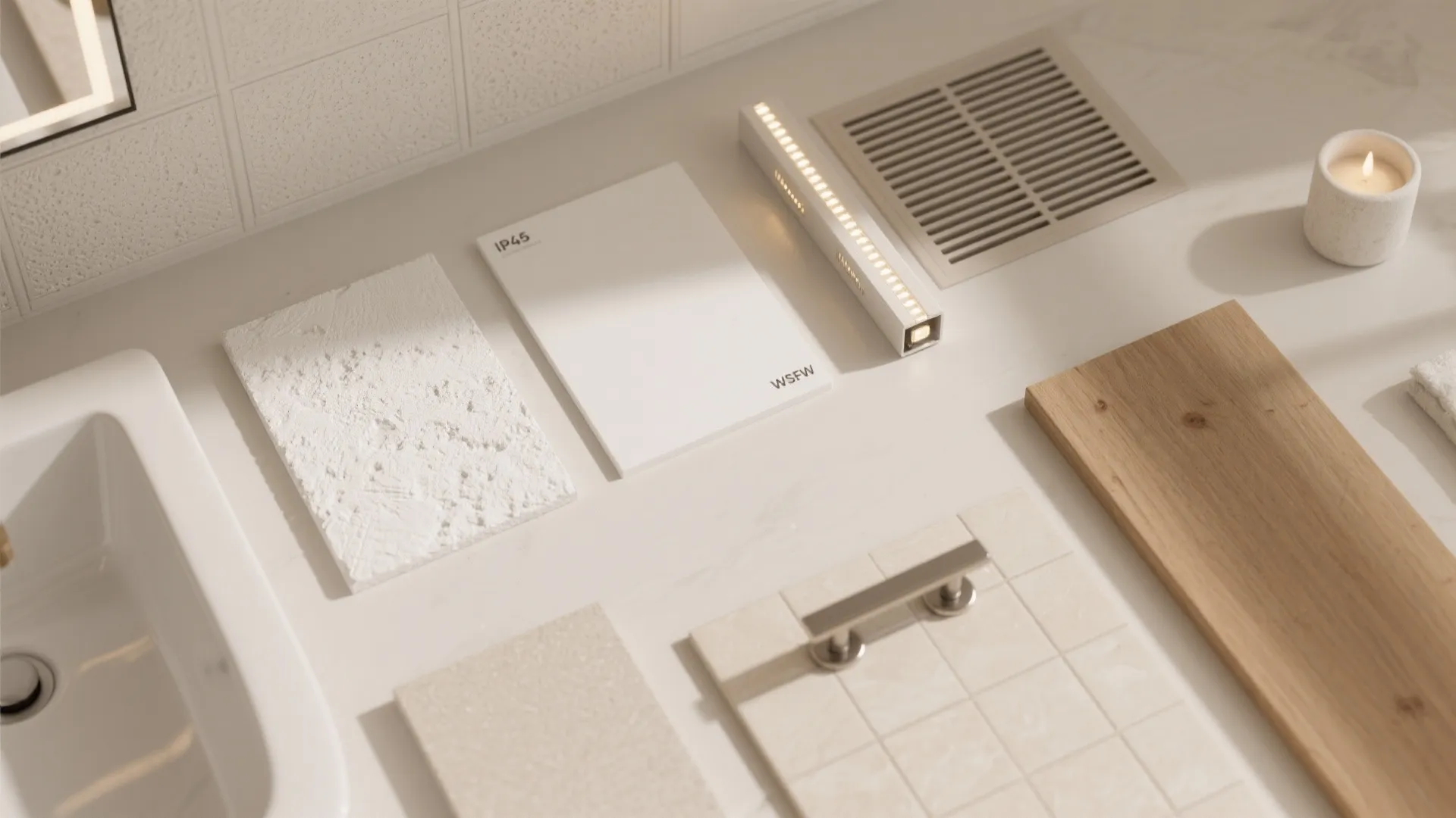 Bathroom material mood board with wood sample white tiles candle small light and marble sink
