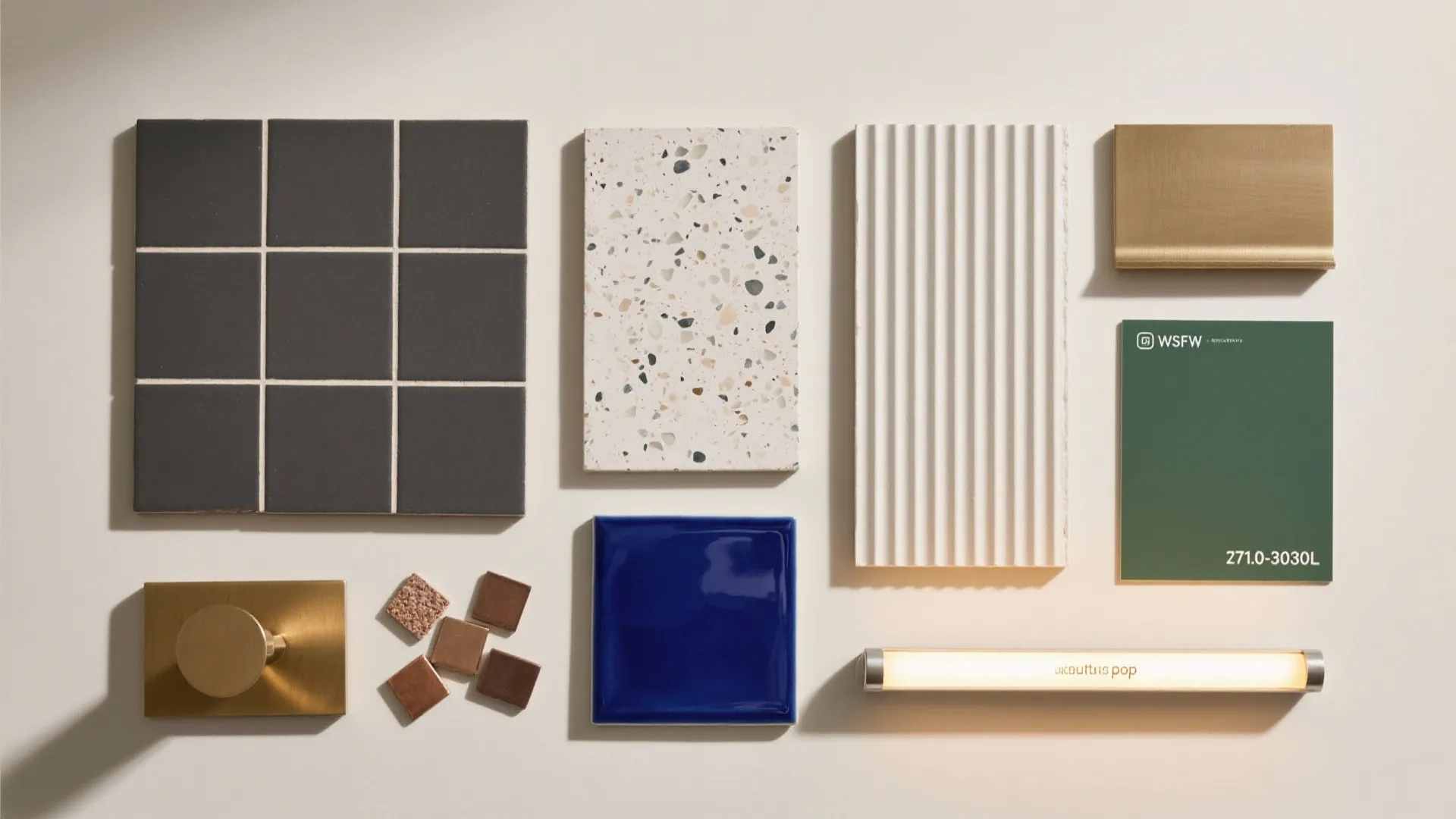 Bathroom material flatlay including black tiles stone samples blue ceramic tile and gold light fixture