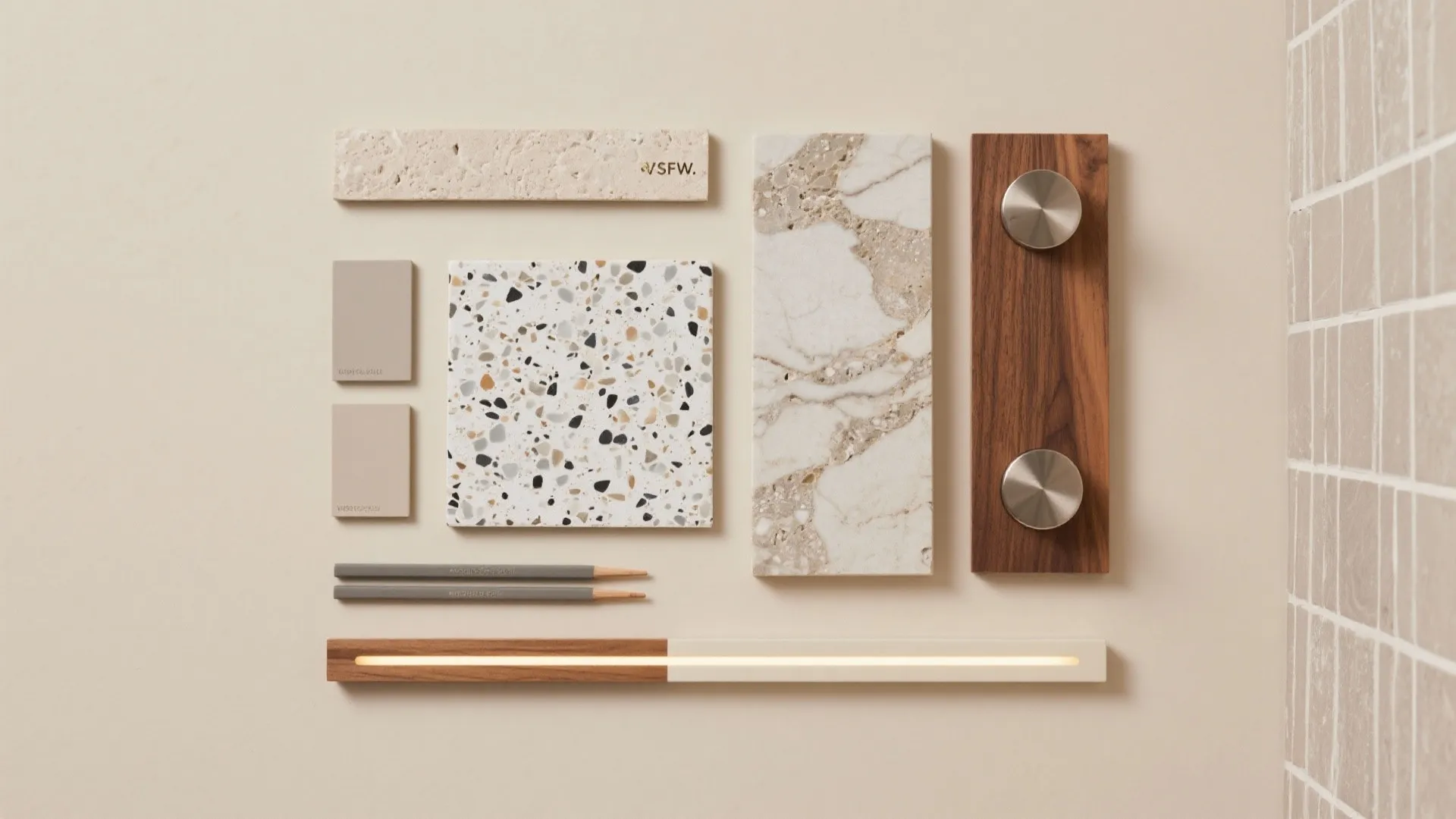 Flatlay of micro-terrazzo, matte porcelain, stone-look slab chips, wood accents, and warm lighting sample.