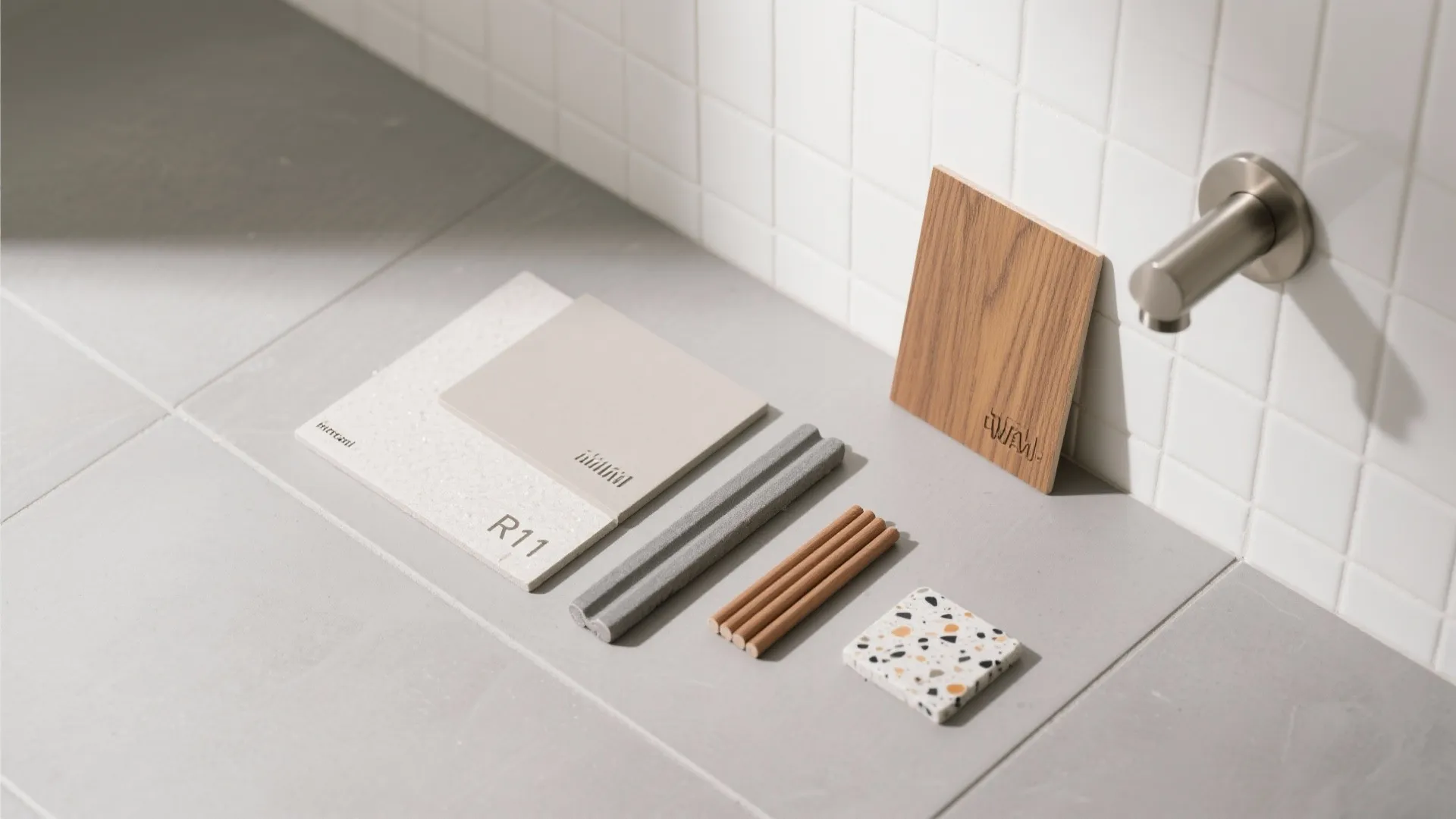 Bathroom material samples with wood panel grey tiles white wall light fixture and stone textures