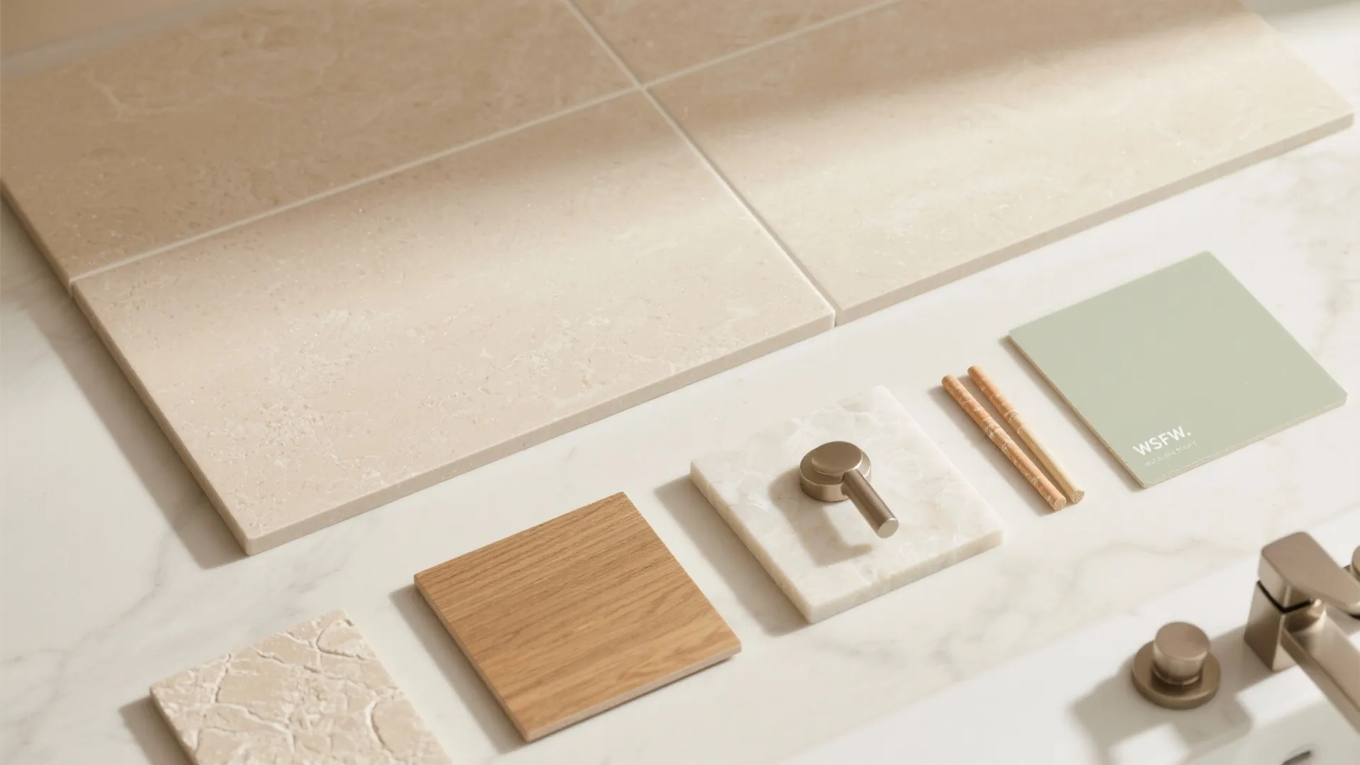 5) Calming materials: porcelain slabs, warm woods, and micro-texture