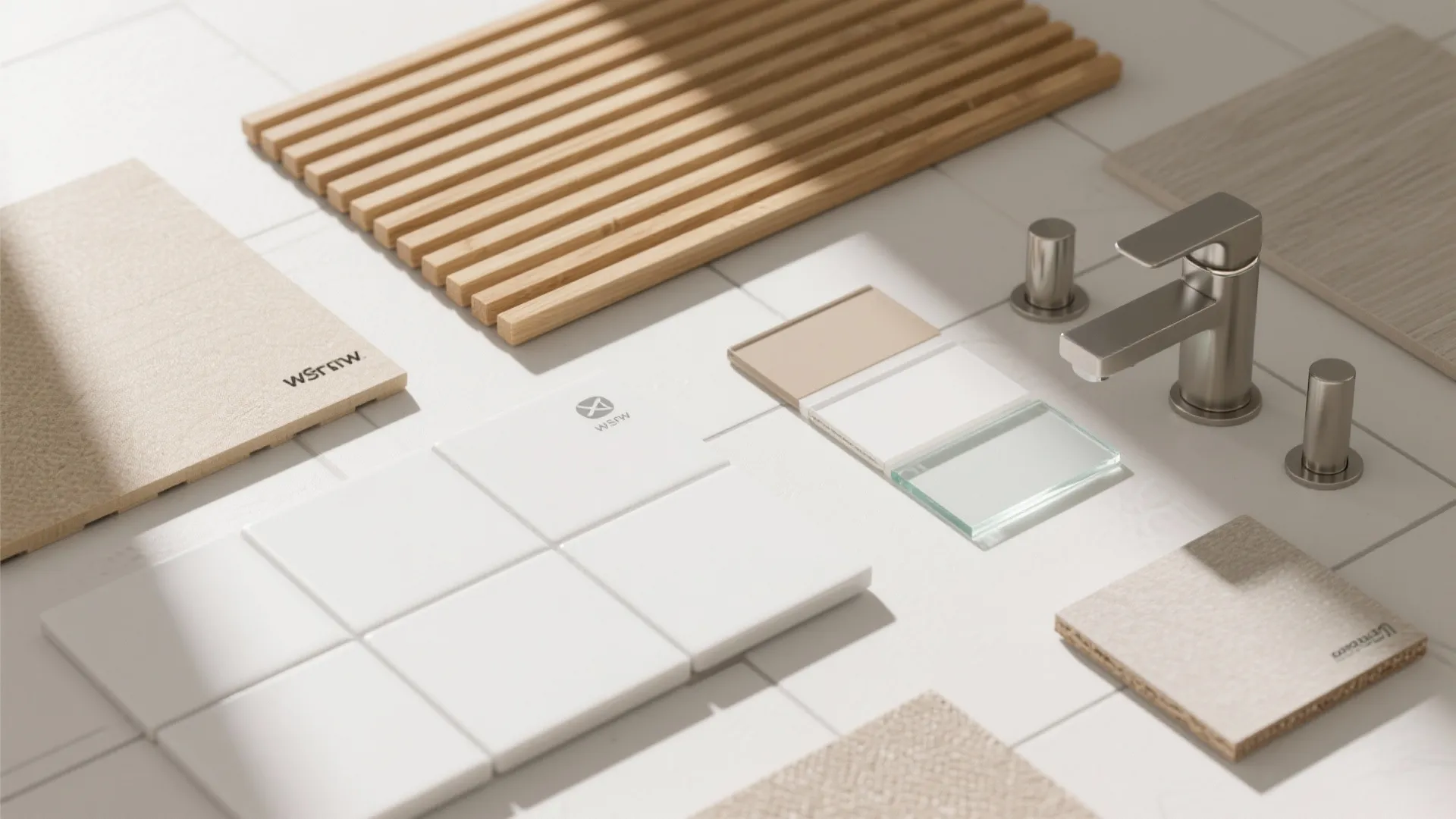 Flat lay of light wood slats, porcelain tiles, grout, hardware, and frosted glass samples.