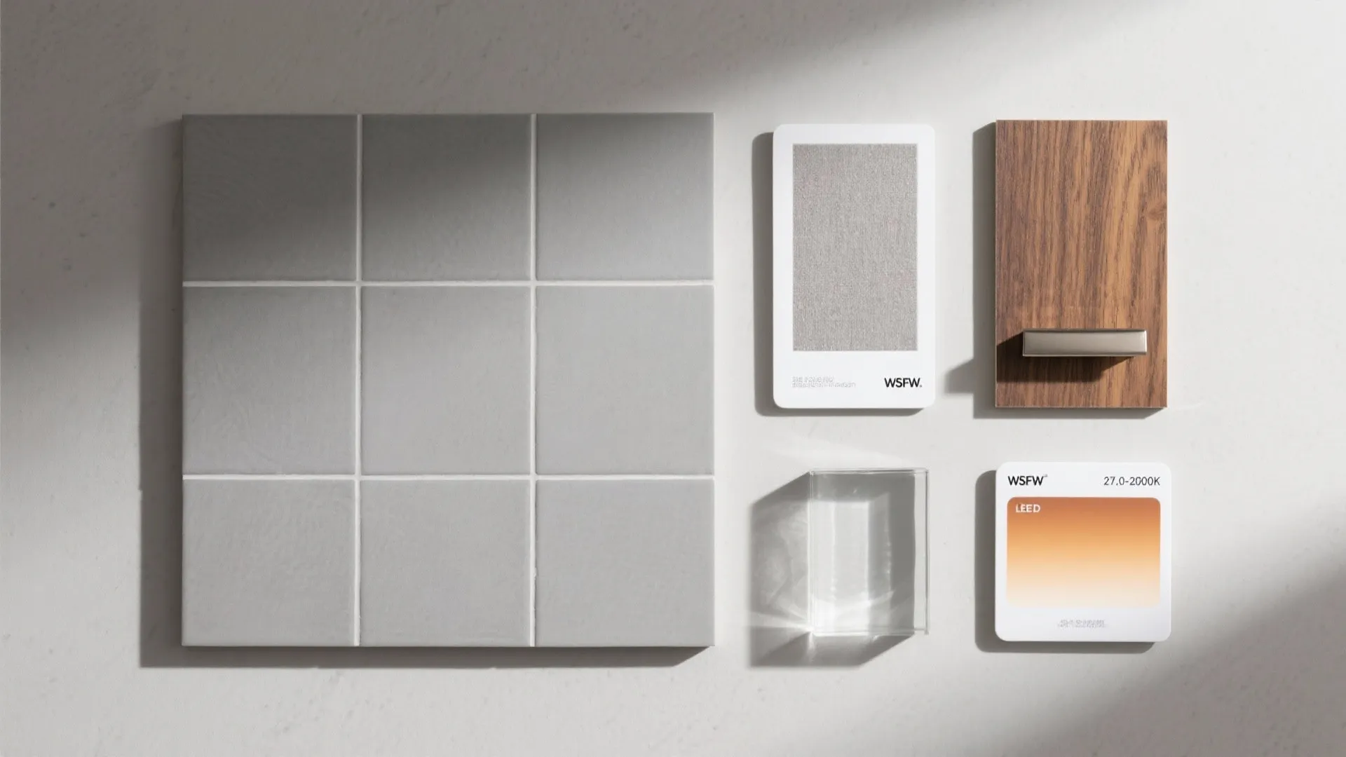 Flatlay collection of bathroom materials including grey tiles wood sample fabric swatch and clear glass