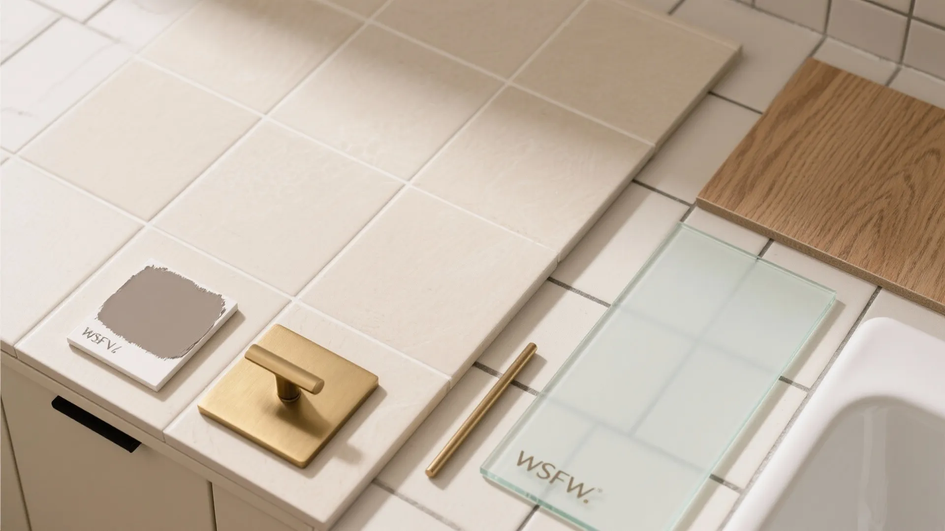 Flat lay of light porcelain tile, warm gray paint, brass hardware, and oak veneer samples.