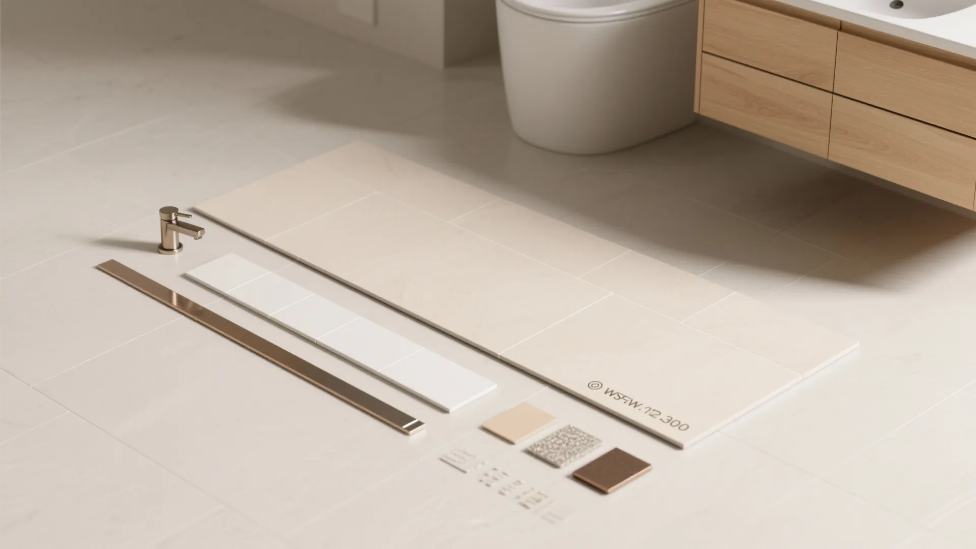 Bathroom renovation materials including large beige floor tiles white wall tiles faucet and various small samples