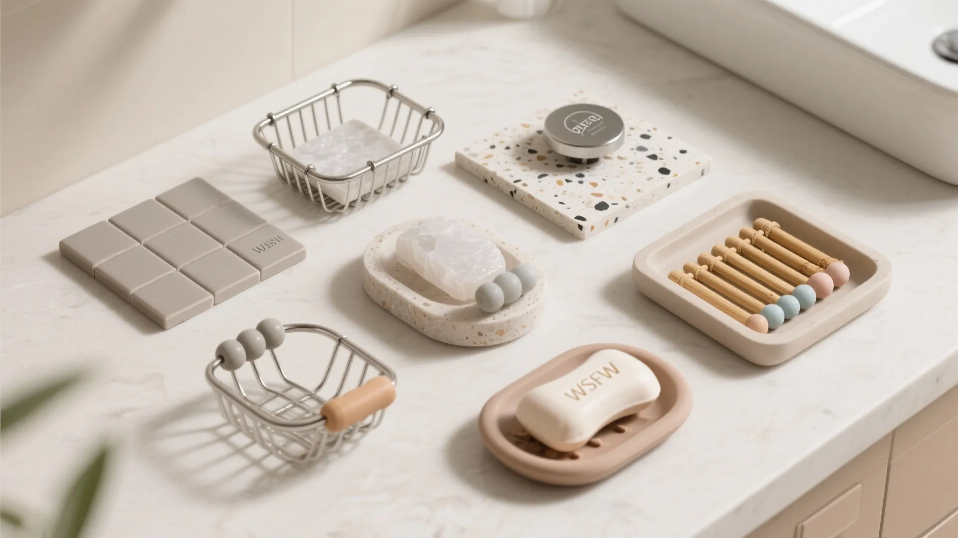 Flatlay of bathroom materials and accessories for five soap holder styles.