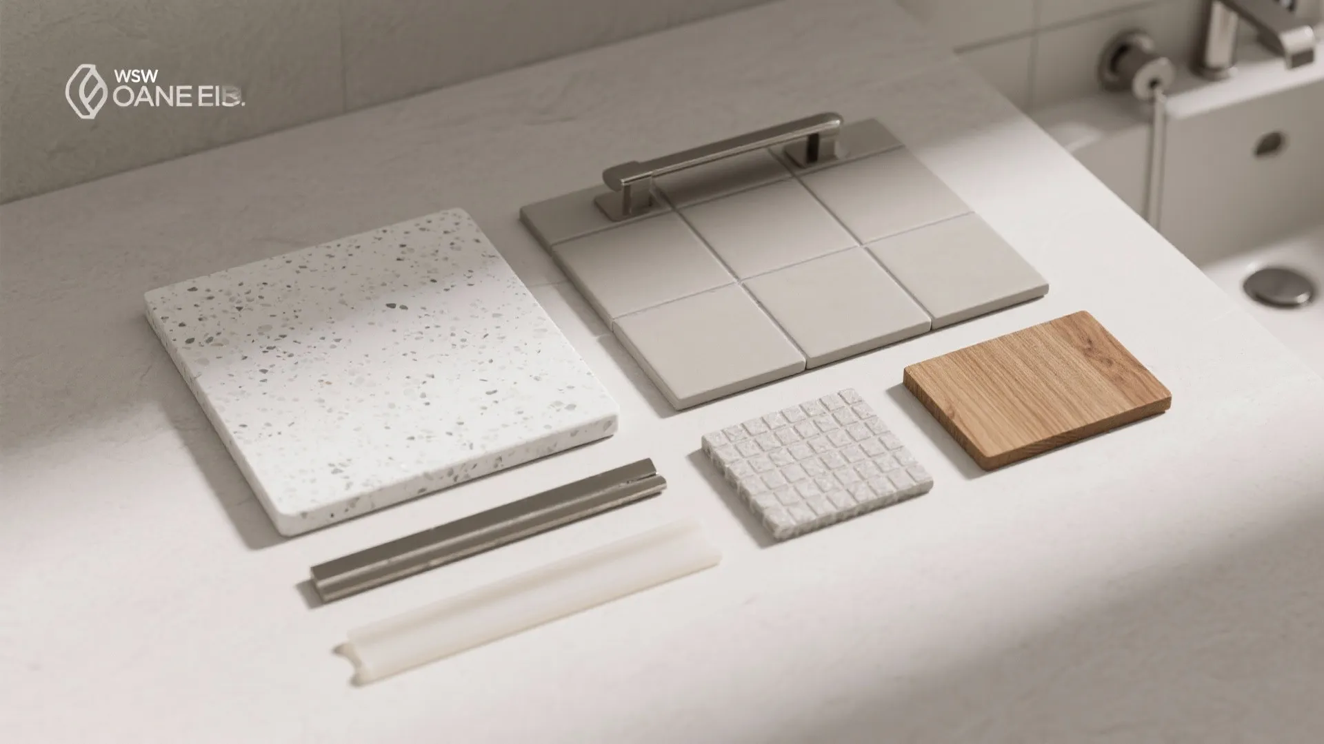 Flat lay of quartz, matte tile, brushed stainless, warm wood, and grout samples for a minimalist bathroom.