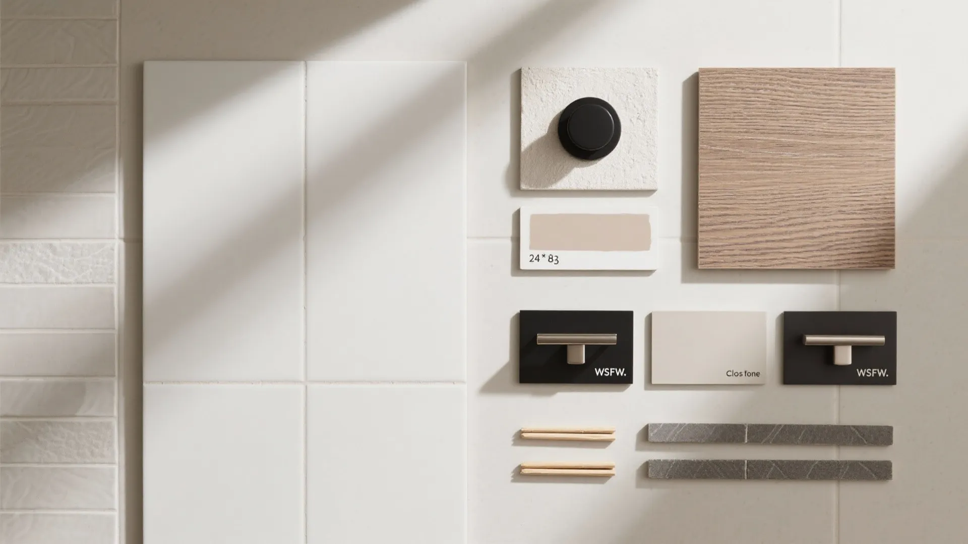Top view of bathroom design materials with white tiles wood board black handles and stone samples