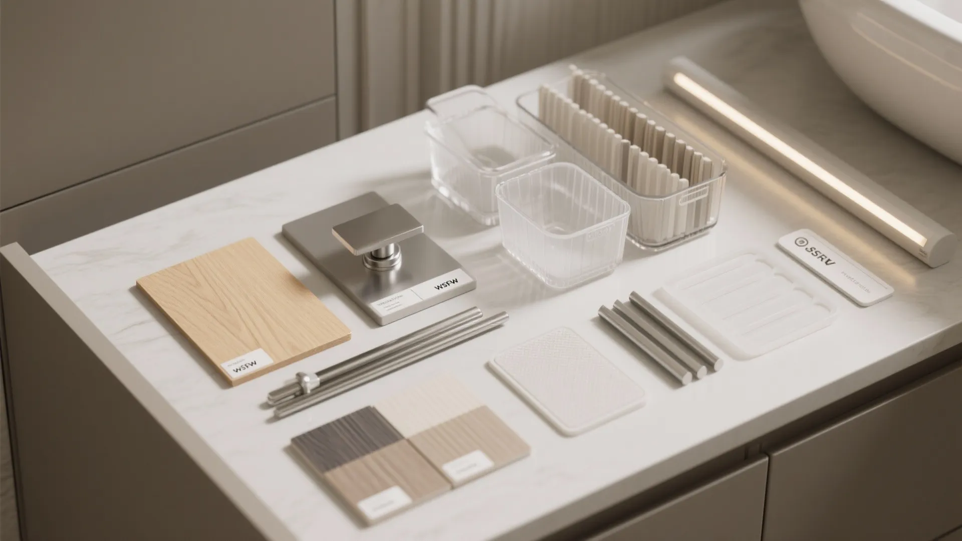 Flatlay of interior design materials including wood samples metal handles plastic containers and light fixture