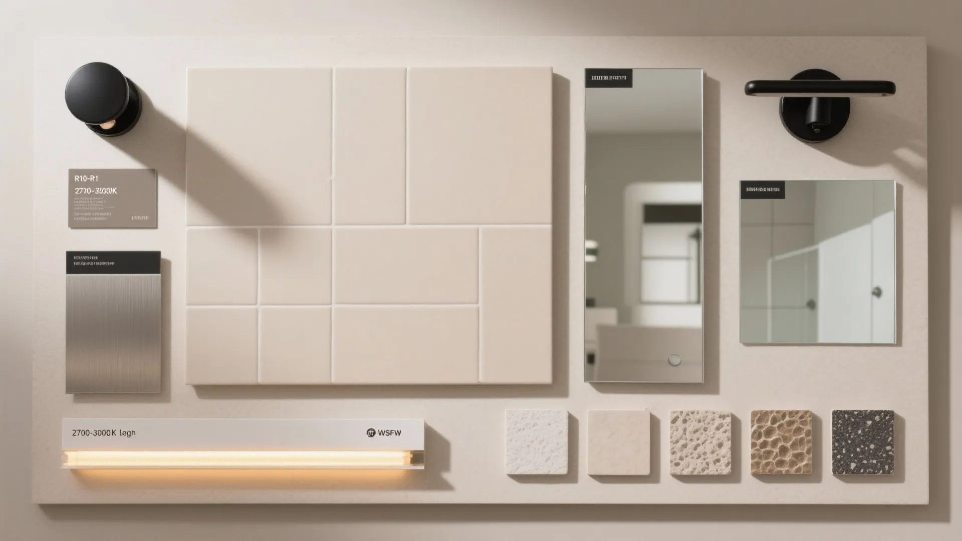 Bathroom material mood board showing beige tiles mirrors wall lights and various stone texture samples