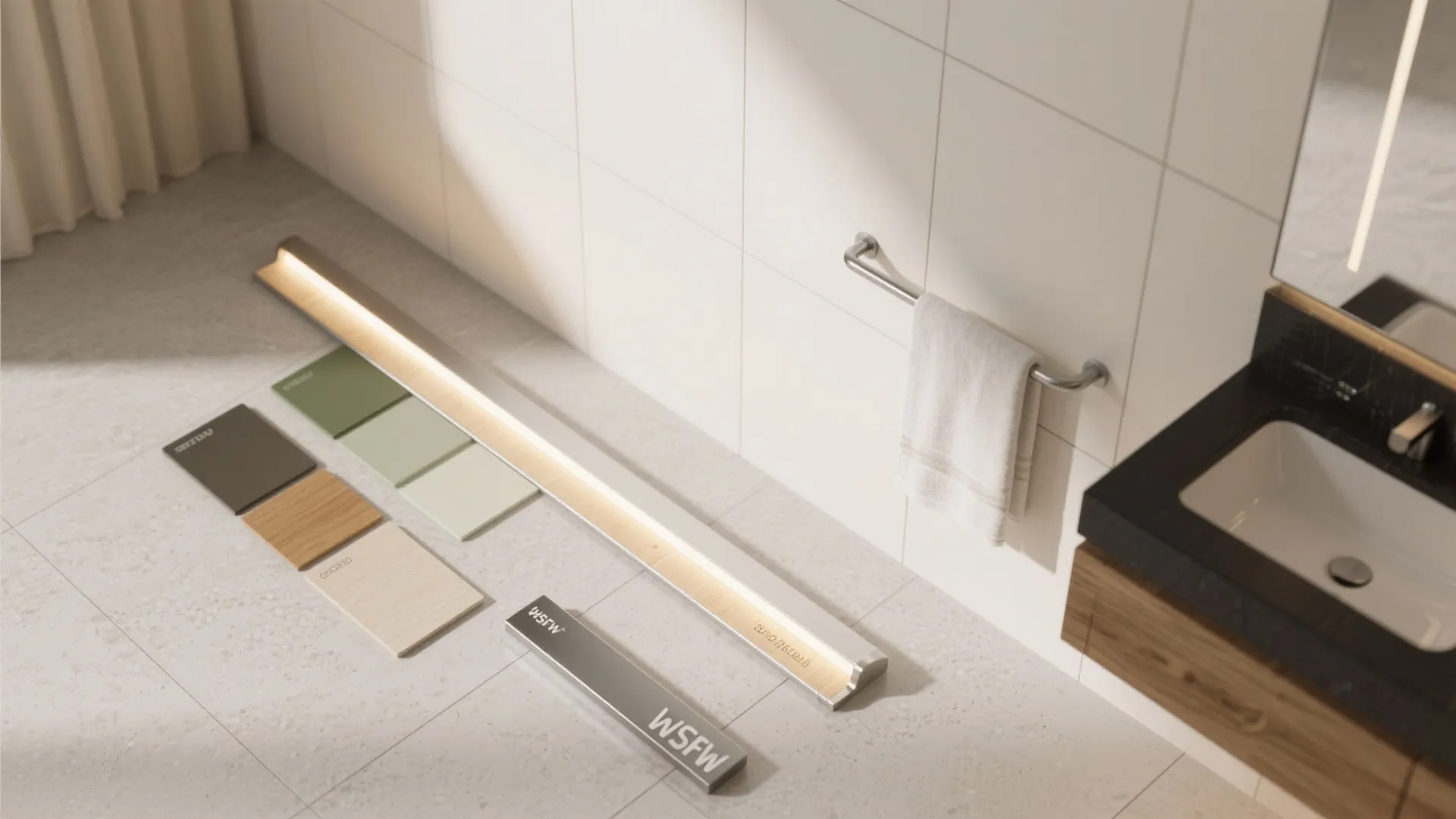 Bathroom material samples including tiles and wood displayed on a floor next to a sink