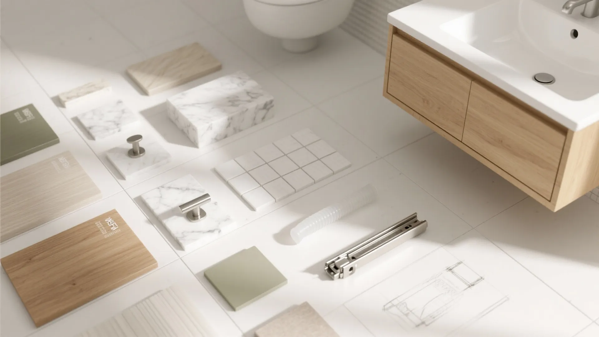 Collection of bathroom interior design materials including wood marble green tiles and small metal door handles