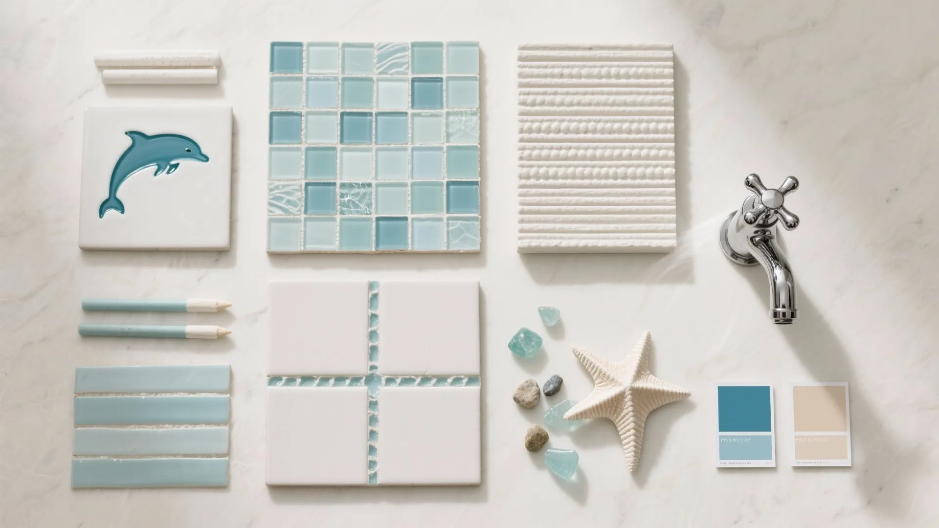 Flat lay of bathroom design materials including blue tiles, dolphin tile, starfish, and metal tap