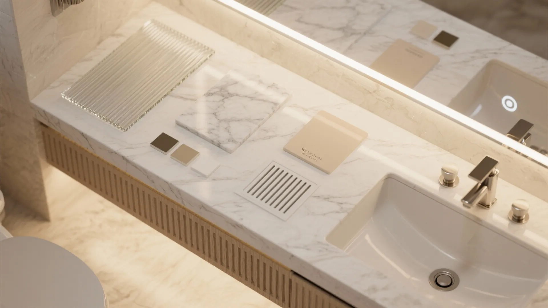 Close up of bathroom material samples like marble and glass on a white stone sink