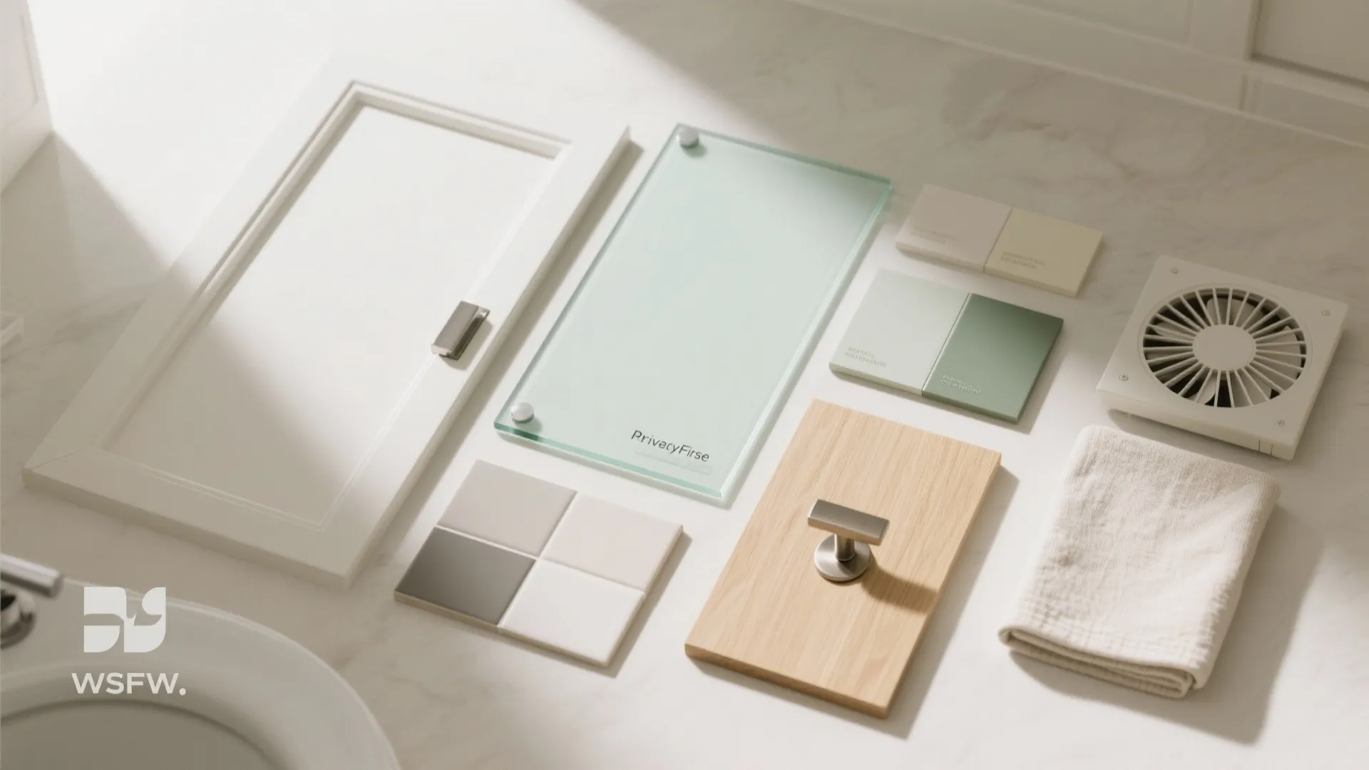 Bathroom renovation material board with cabinet door wood panel tiles glass towel and metal hardware handle