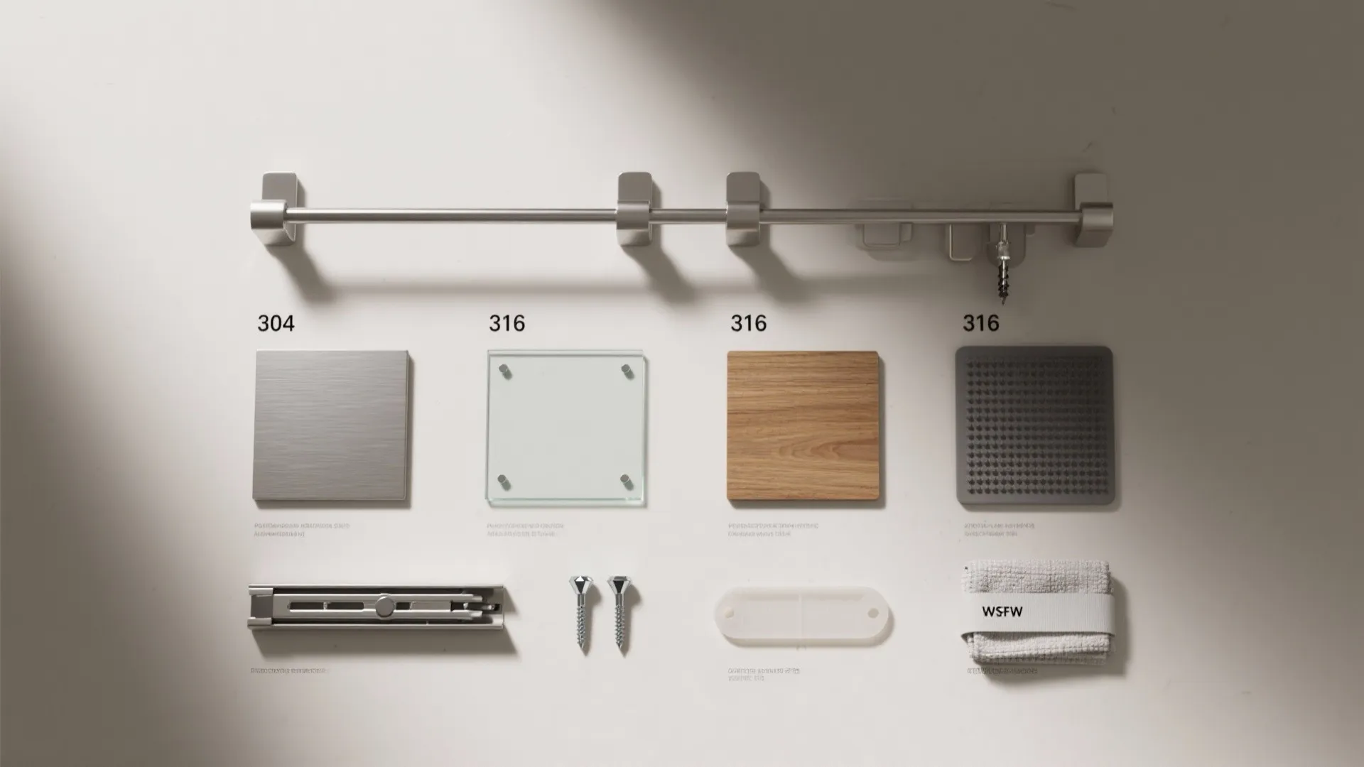 Flat lay of stainless and aluminum samples, tempered glass, wood swatch, anchors, drill bit, and silicone mats