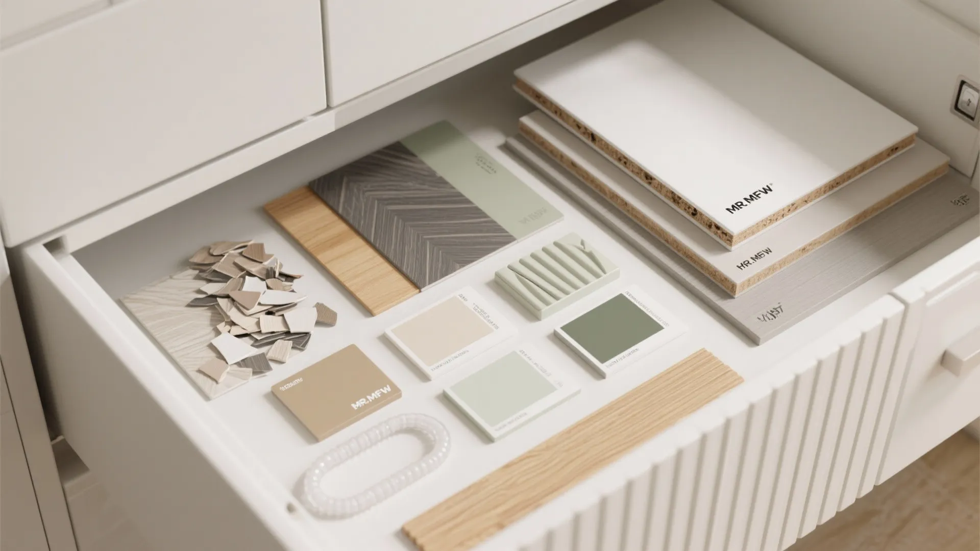 Top-down flatlay of MR MDF, moisture-resistant plywood, laminate, thermofoil, paint swatches, and fluted wood.