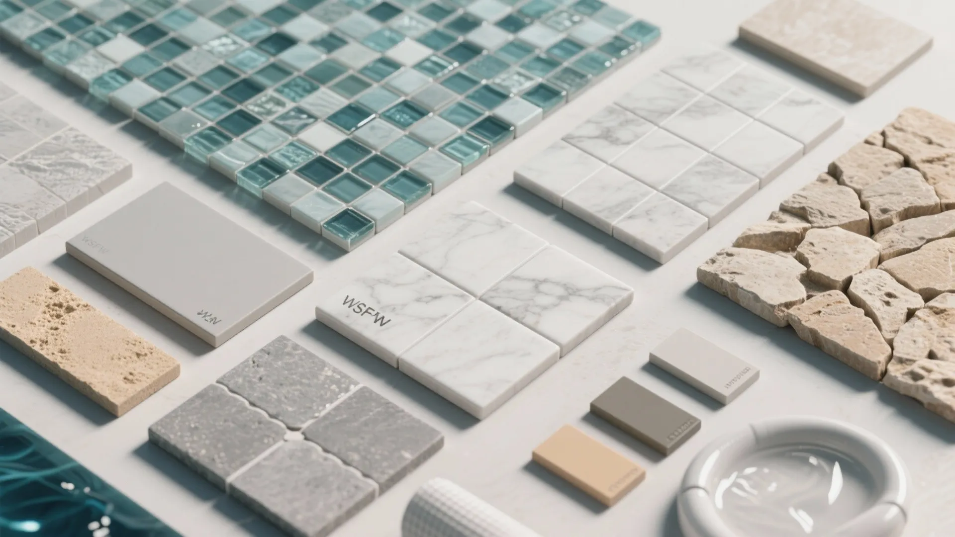 Flat lay display of various bathroom material samples like blue mosaic tiles marble and stone
