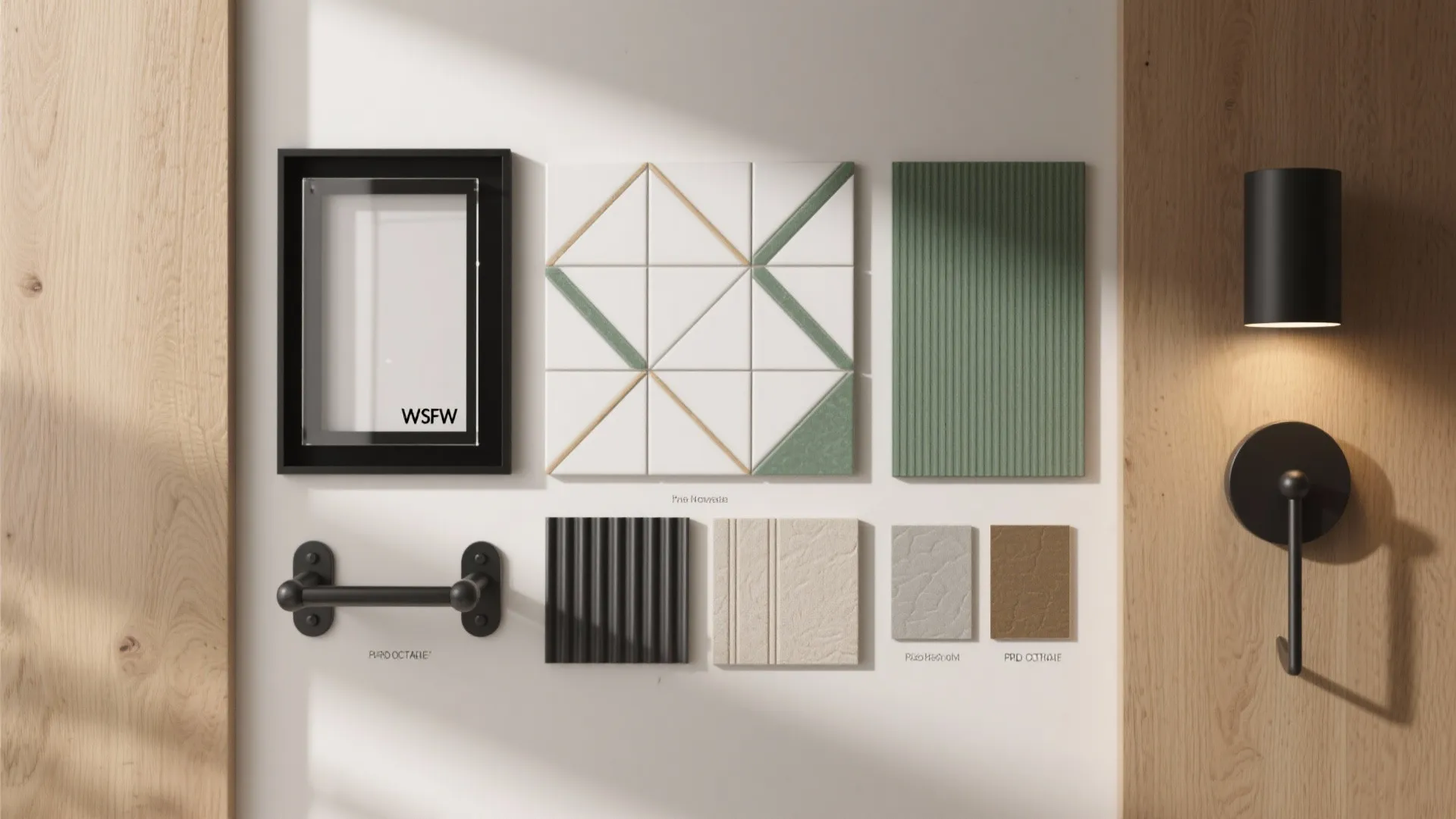 Top-down flat lay of frames, acrylic, tile swatches, brackets, engineered panels, and lighting finishes.