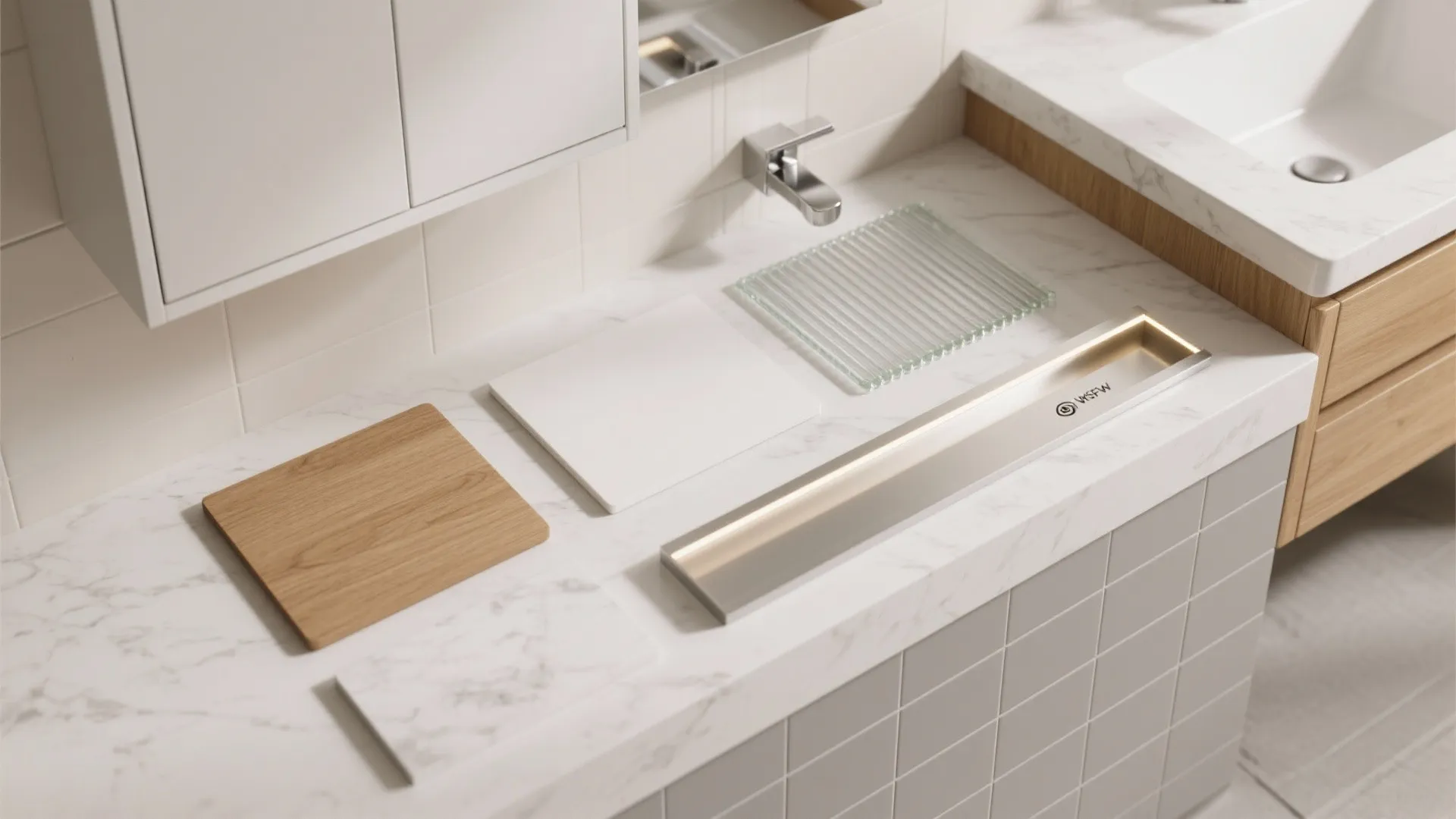 Shallow Depth, Full-Width Wall Cabinets Above the Vanity