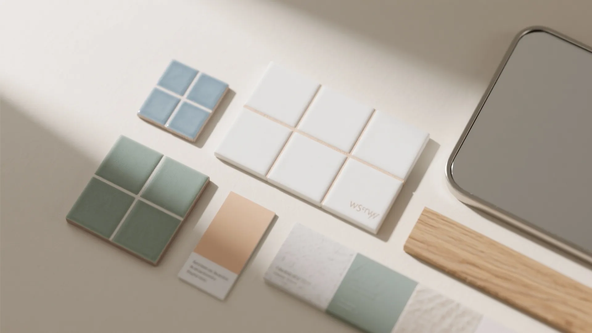 Flatlay of sage and dusty blue tiles with off-white porcelain, warm grout, oak, and metal trim for a small bathroom.