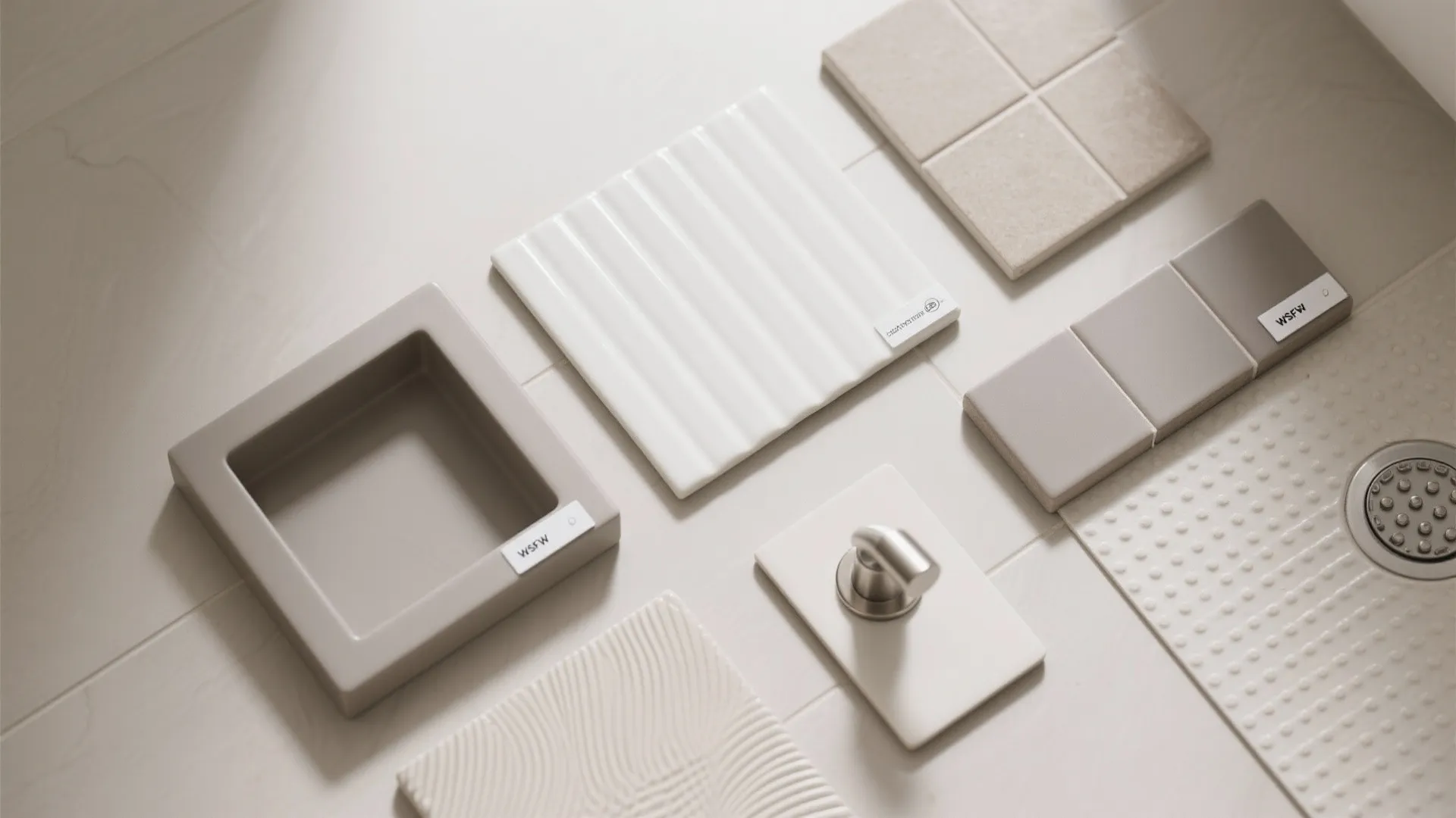 Top-down flatlay of fluted tile, satin tiles, solid-surface sill, and fixture swatches.