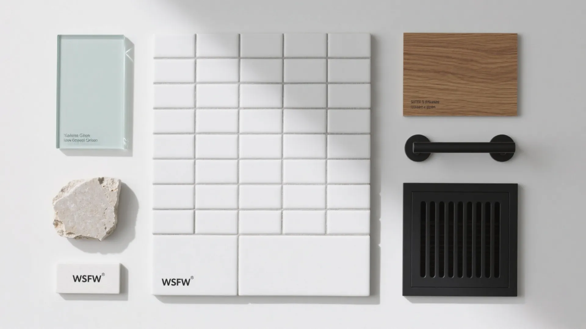 Interior design mood board with white wall tiles wood samples glass and black metal hardware