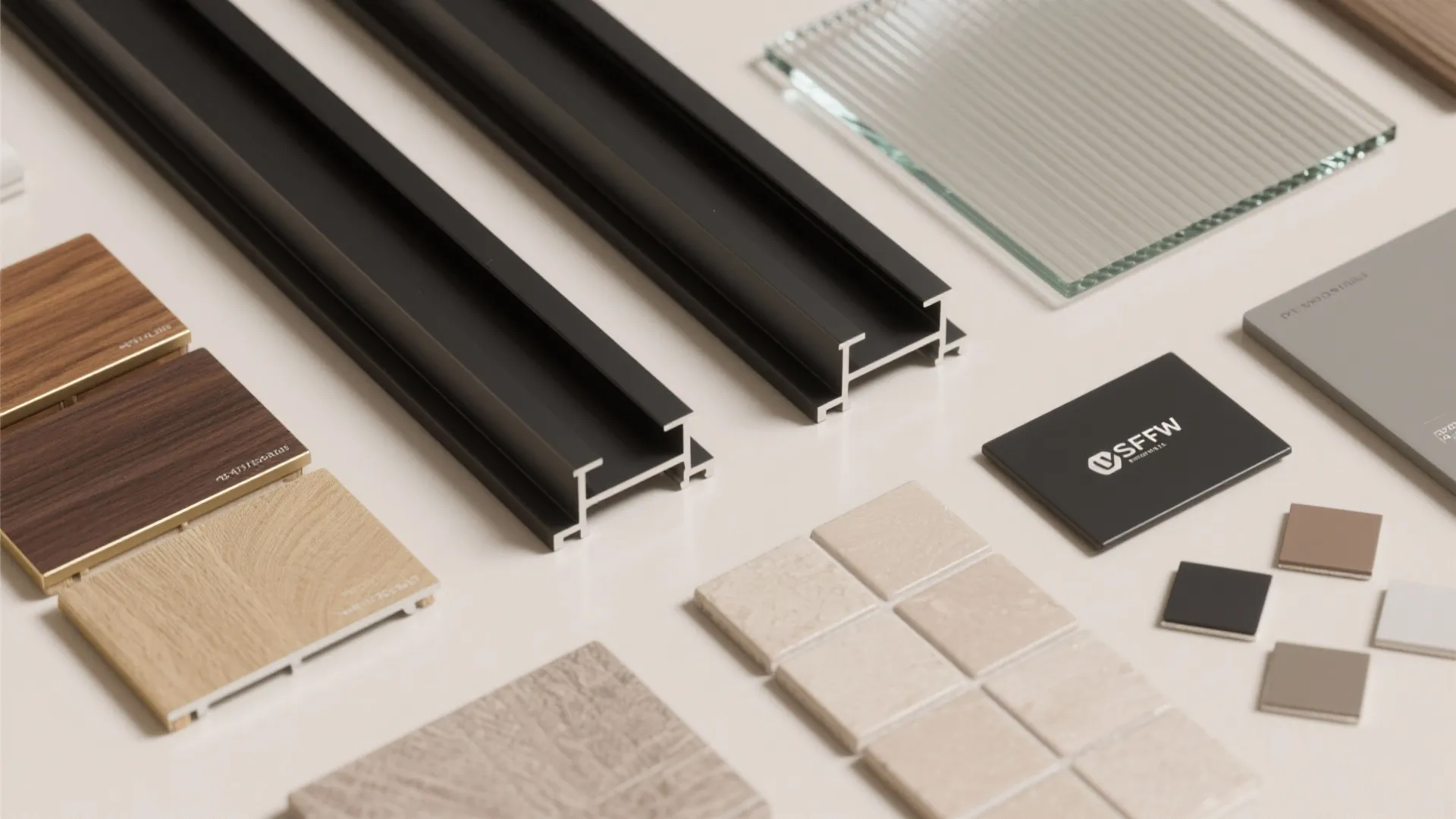 Collection of interior design materials including black door tracks glass panels wood samples and floor tiles