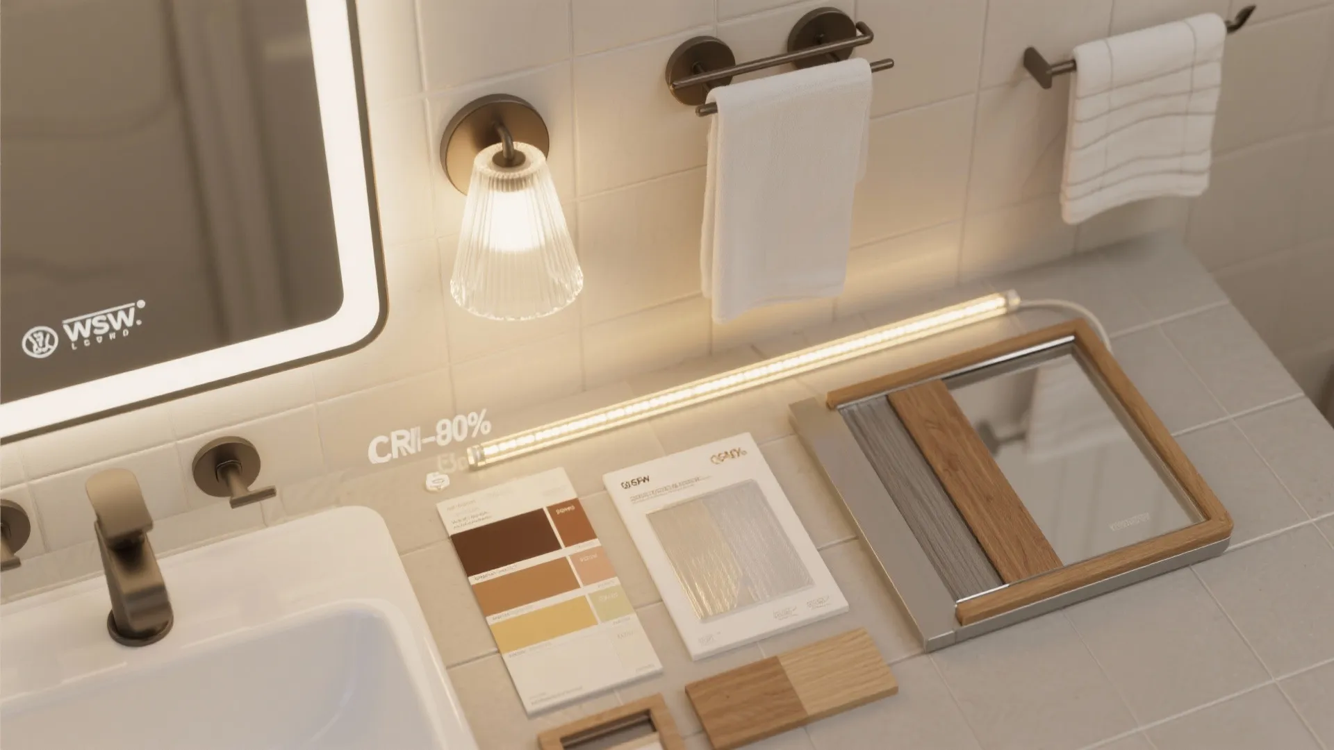 Flat lay of lighting and mirror materials: LED strips, frosted shades, anti-fog film, and frame swatches.