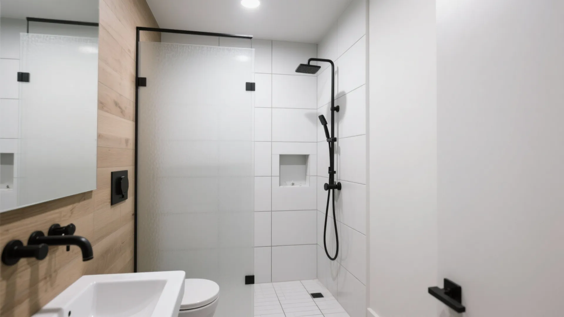 Modern white bathroom with black light fixture, glass shower door, wooden wall panel, and sink